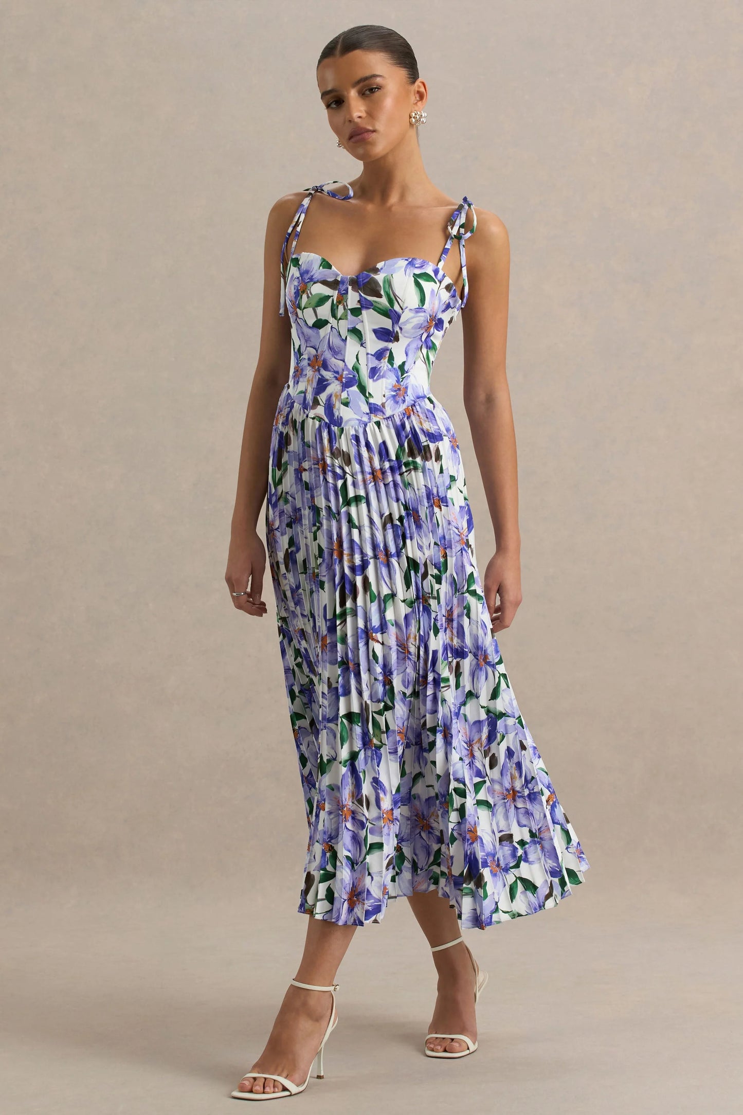 Peyton Purple Lily Print Satin Sweetheart-Neck Midi Dress With Pleated Details