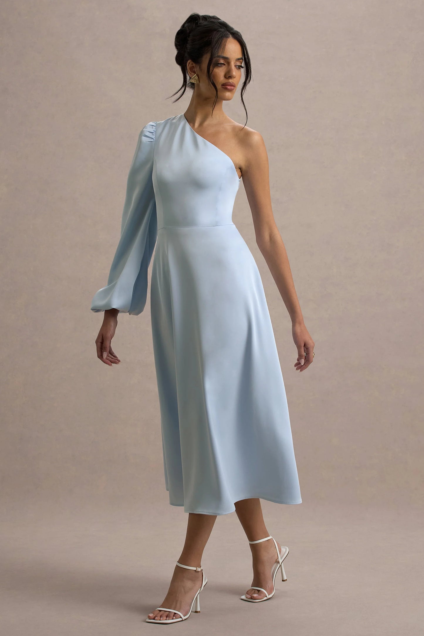 Haila Powder Blue Satin One-Shoulder Midi Dress