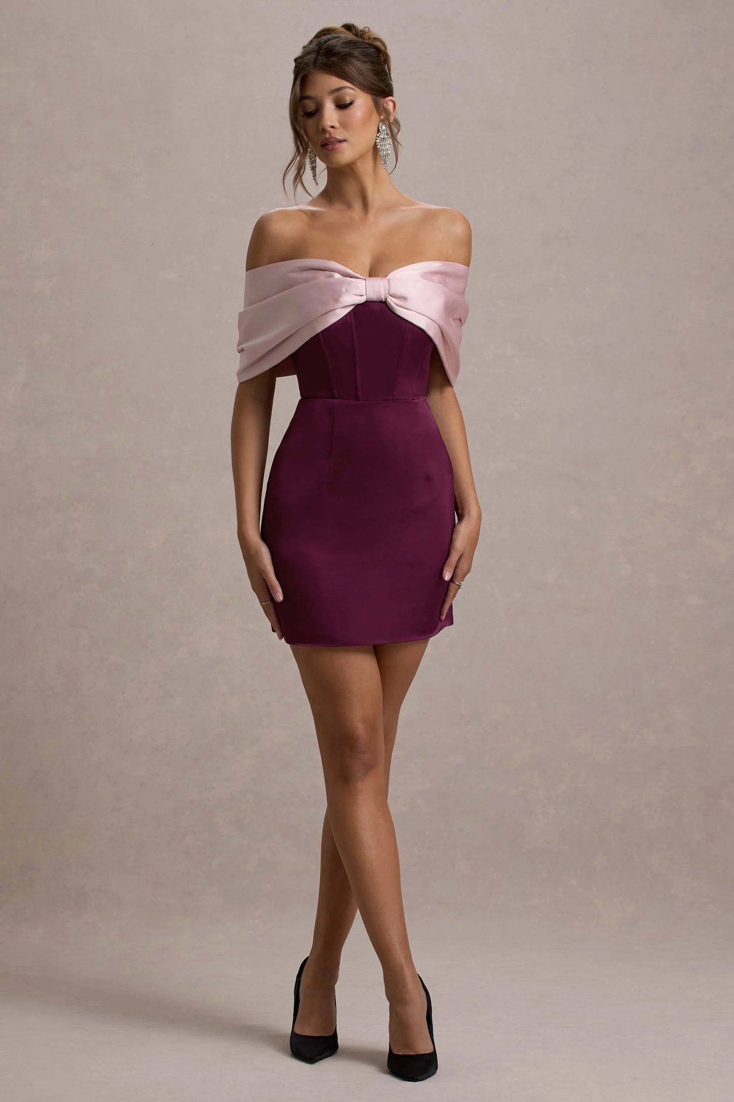 Linley Burgundy & Pink Satin Bow Bardot Mini Dress