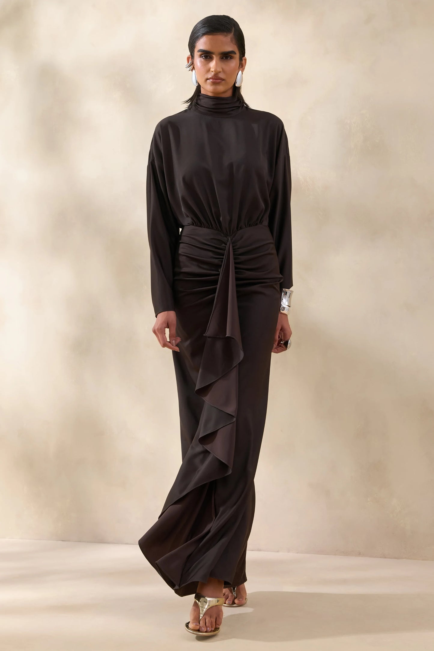 Perla Dark Brown High-Neck Maxi Dress With Gathered-Detailing