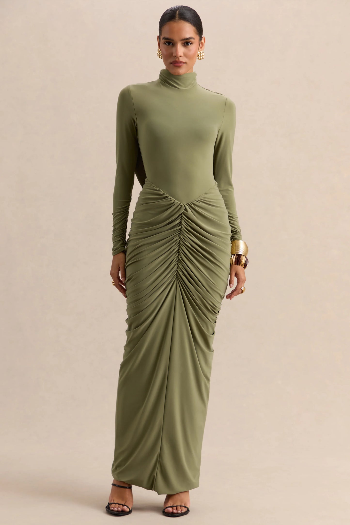 Harmona Olive High-Neck Maxi Dress With Gathered And Draped-Detailing
