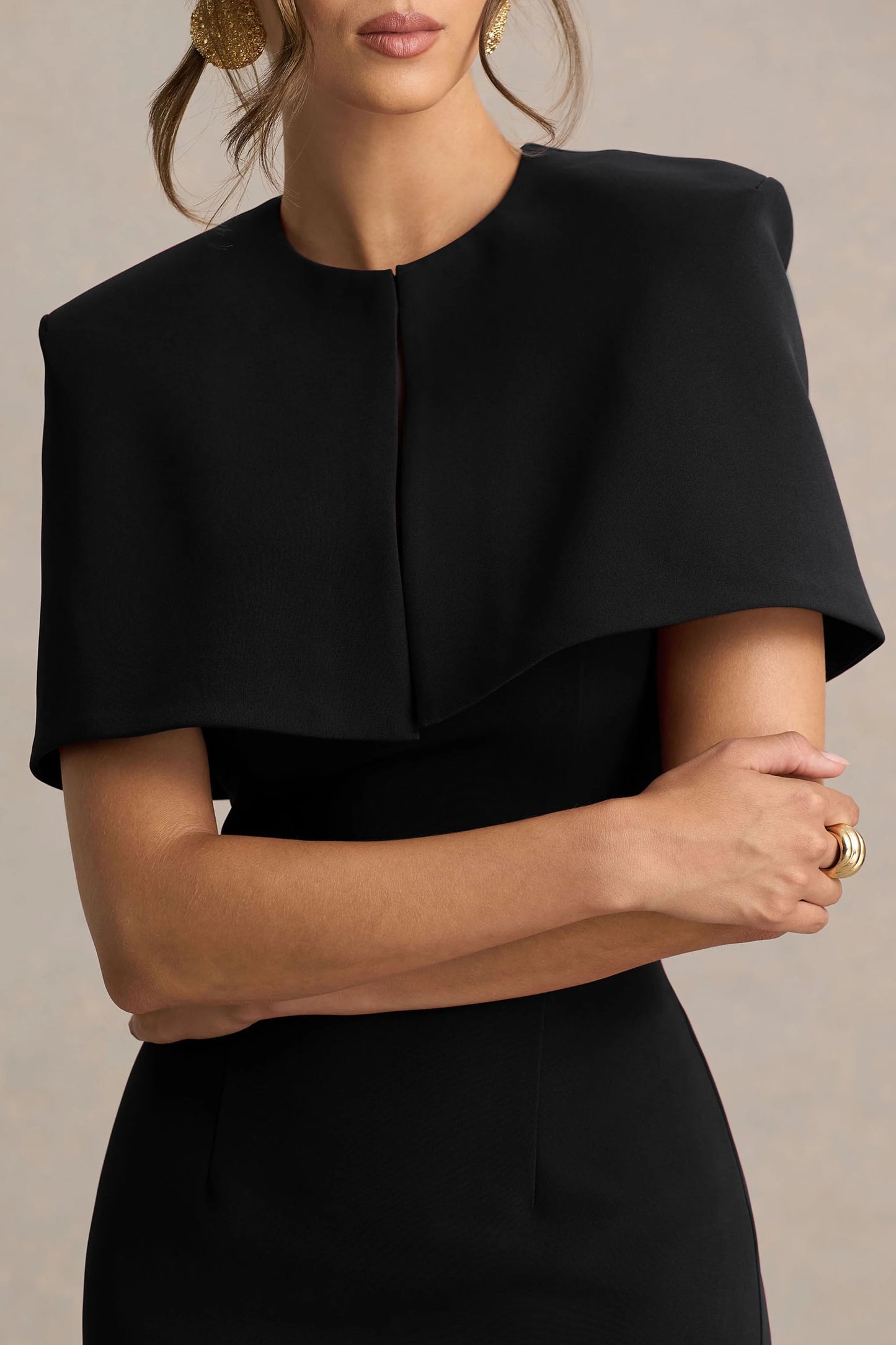 Baylor Black Midi-Dress With Removable Cape-Detail