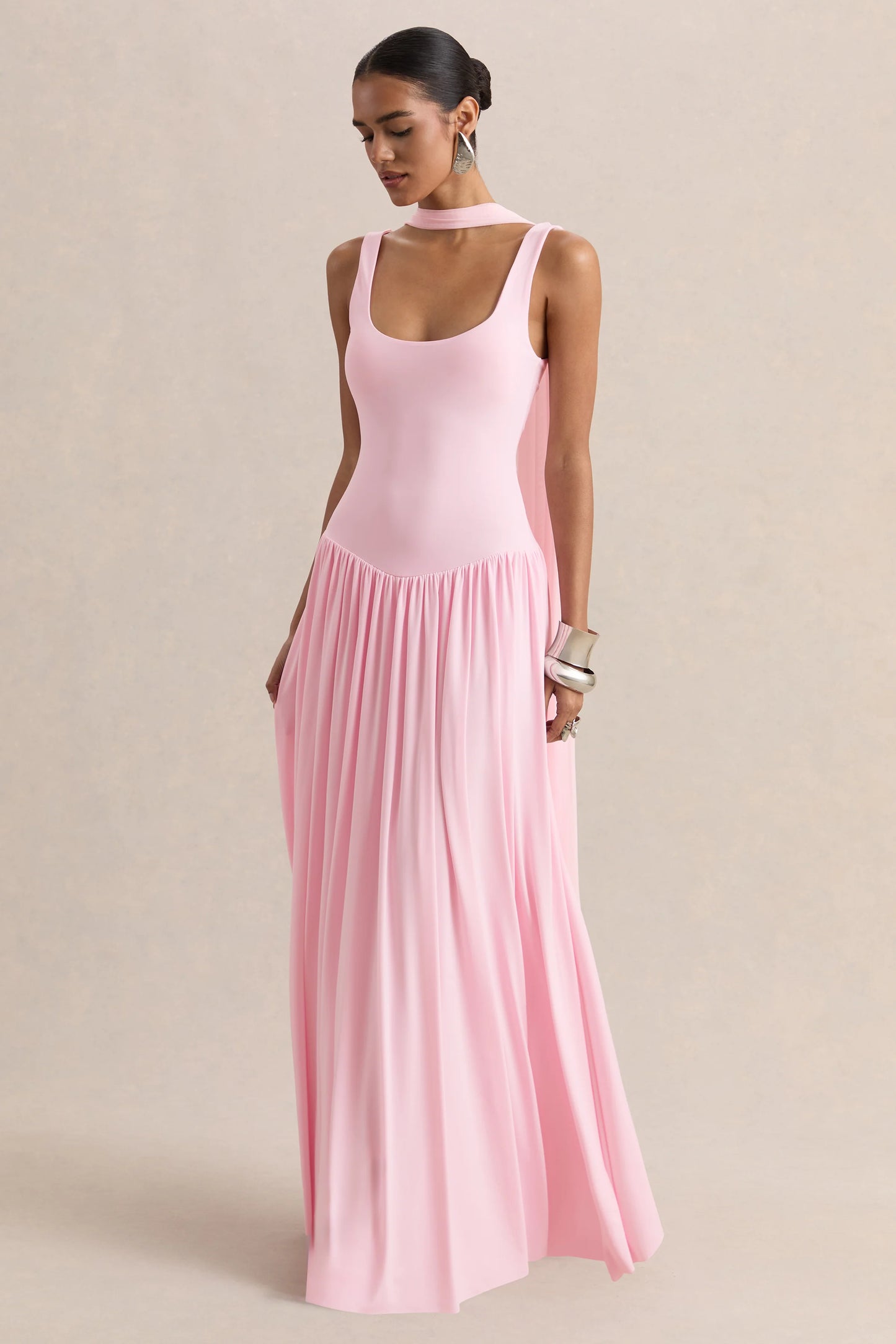 Aurina Pink Square-Neck Maxi Dress With Scarf-Detail
