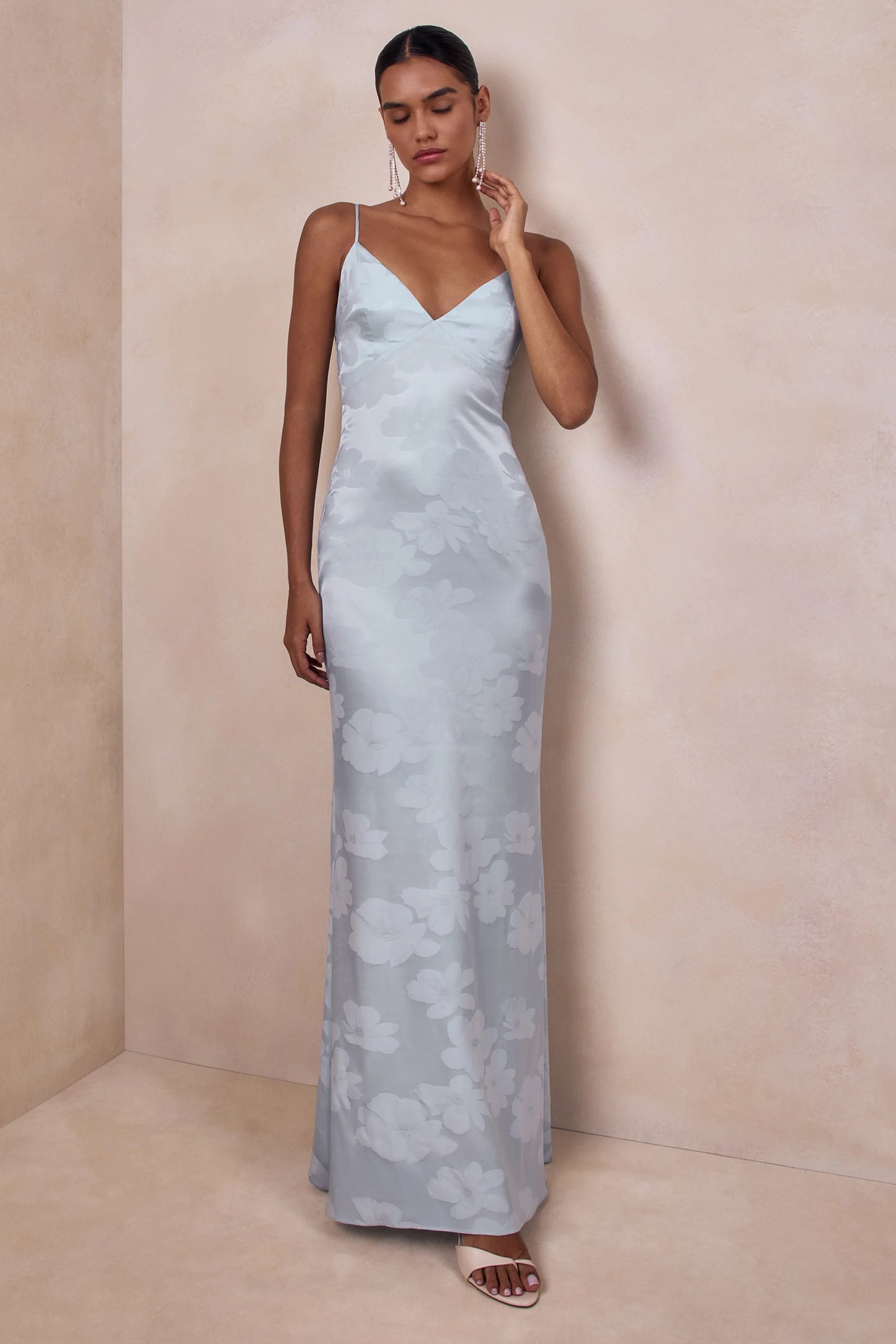 Carelle Powder Blue Satin Plunge-Neck Maxi Dress With Asymmetric Drop-Waist