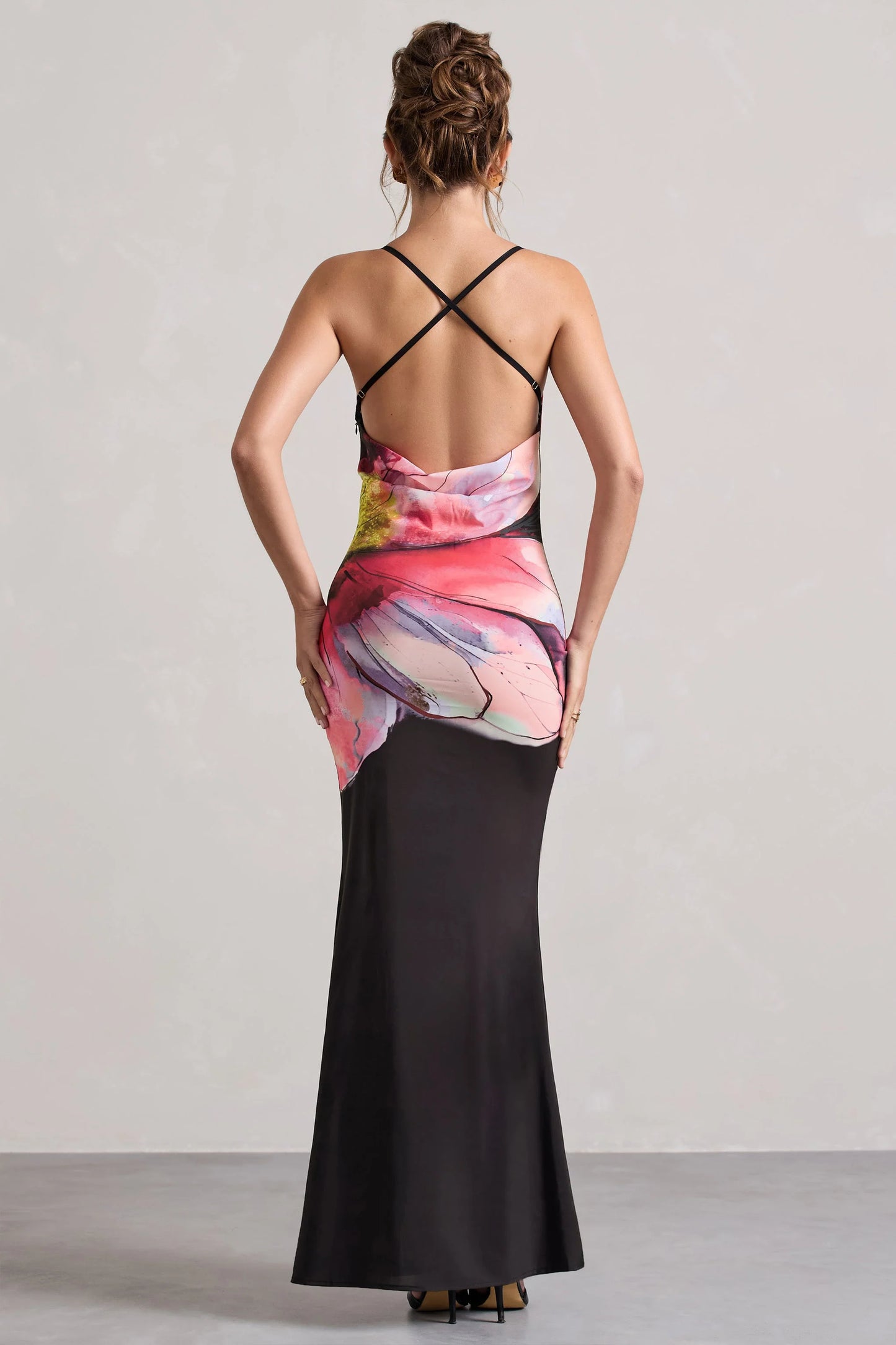 Kali Black Floral Print Cowl-Neck Open-Back Split Maxi Dress