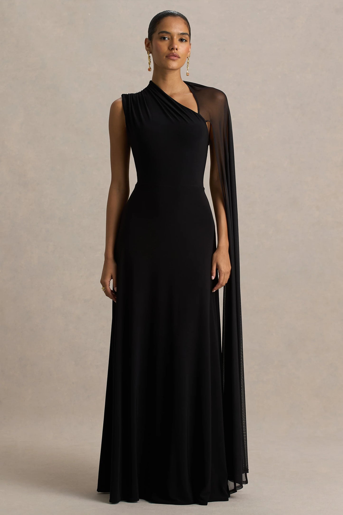 Selena Black High-Neck Maxi Dress With Cut-Out And Cape Sleeve Detail
