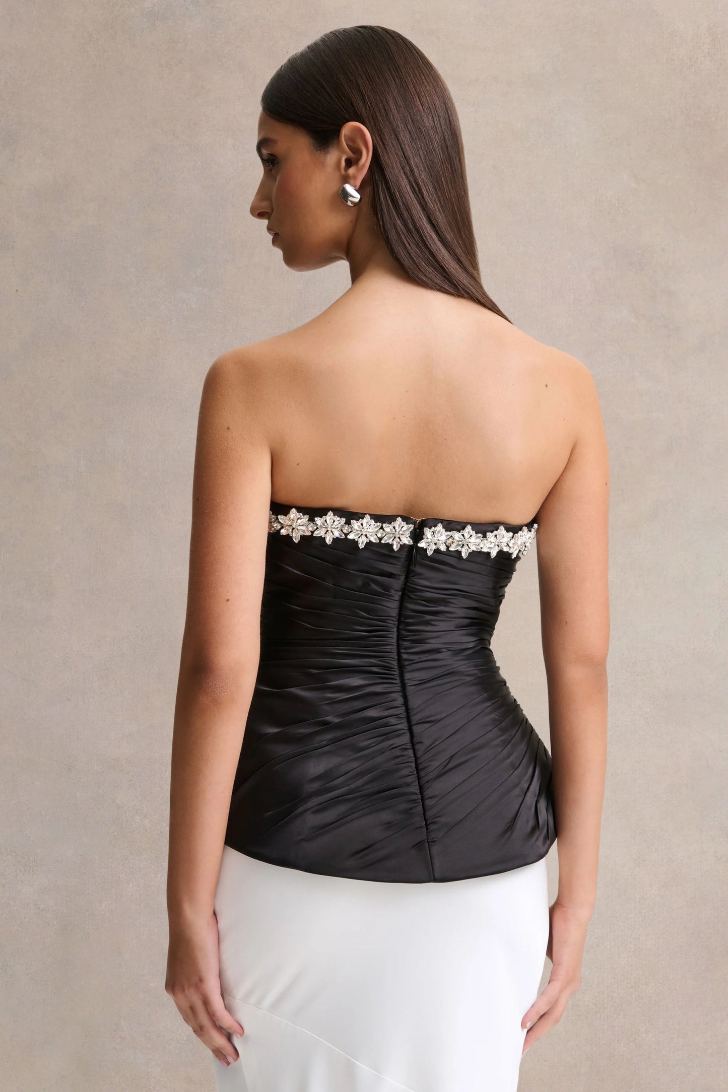 Ambria Black Satin Hand-Embellished Sweetheart-Neck Corset Top