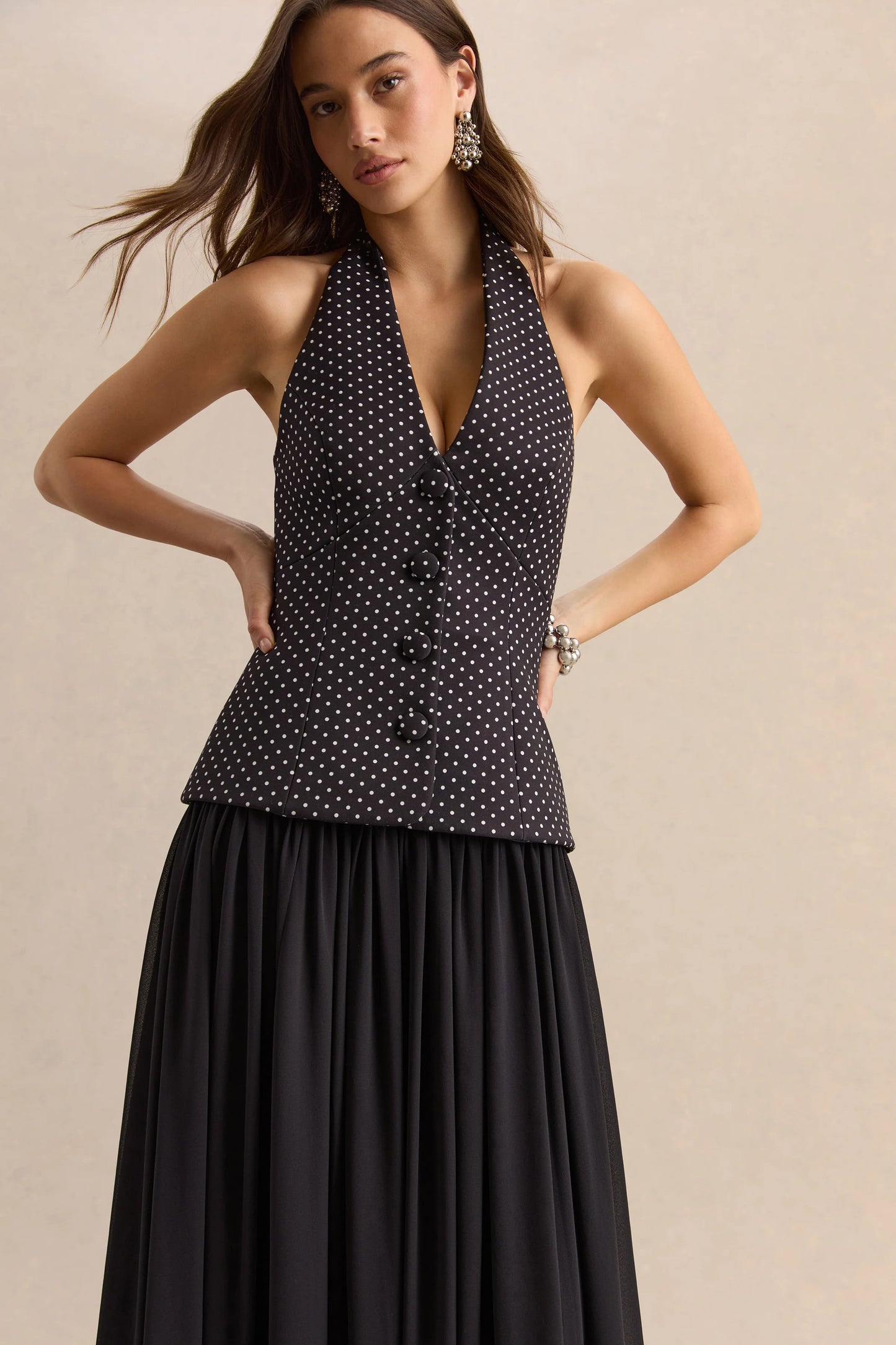 Zarina Black & White Polka-Dot Plunge-Neck Maxi Dress