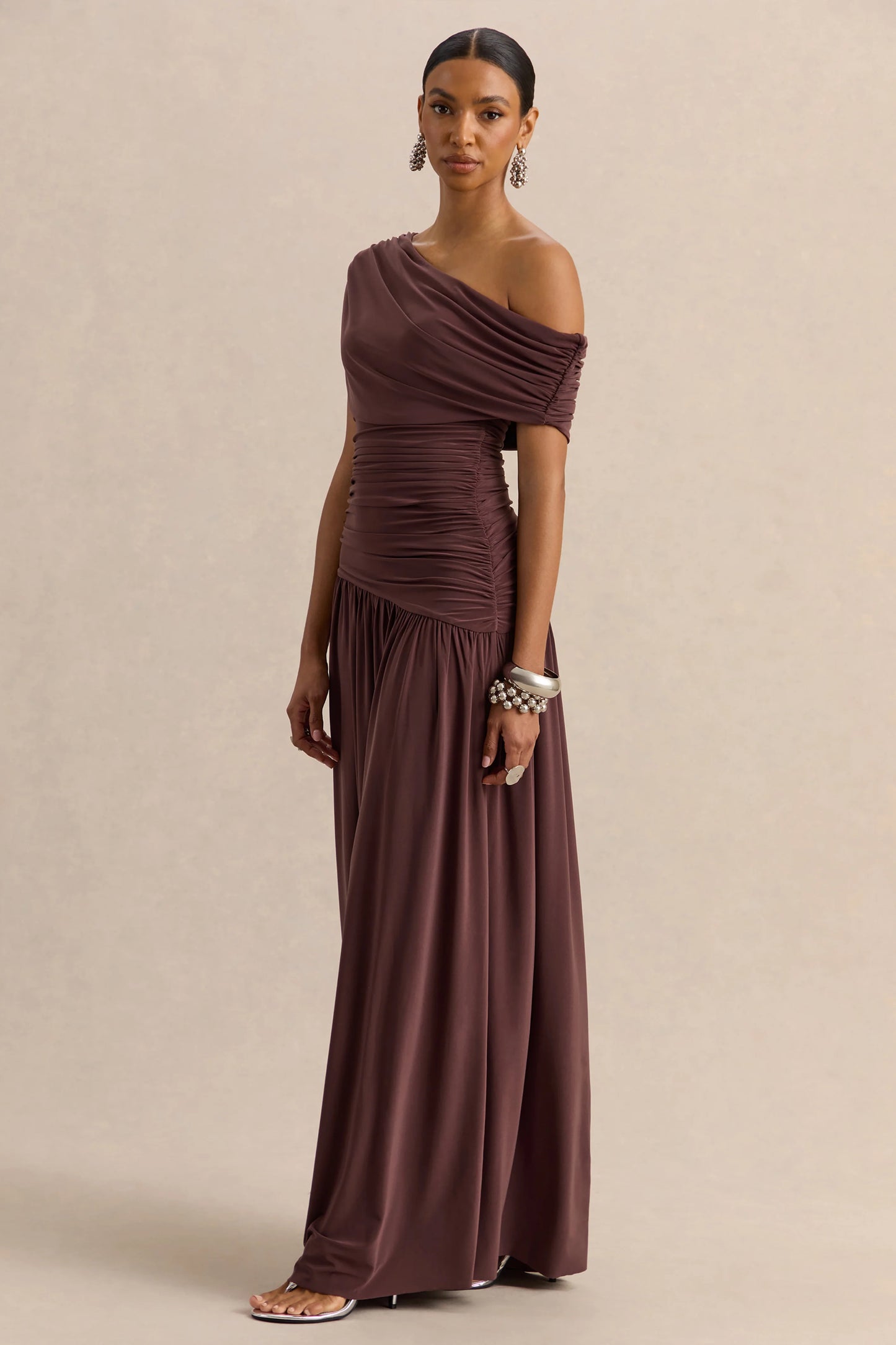 Emberly Brown Draped Asymmetric-Neck Maxi Dress With Drop-Waist