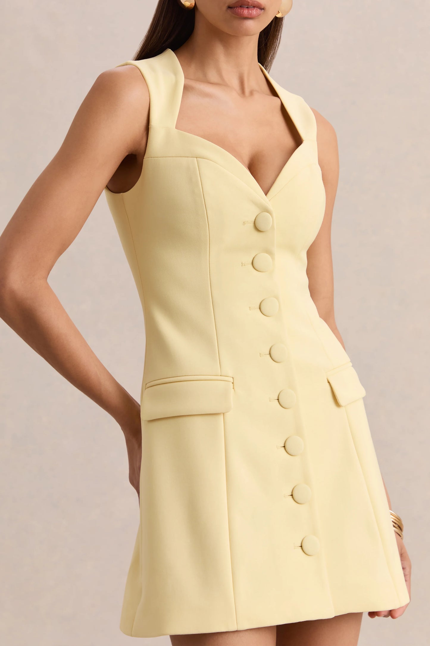 Luxira Lemon Sweetheart-Neck Tailored Mini Dress