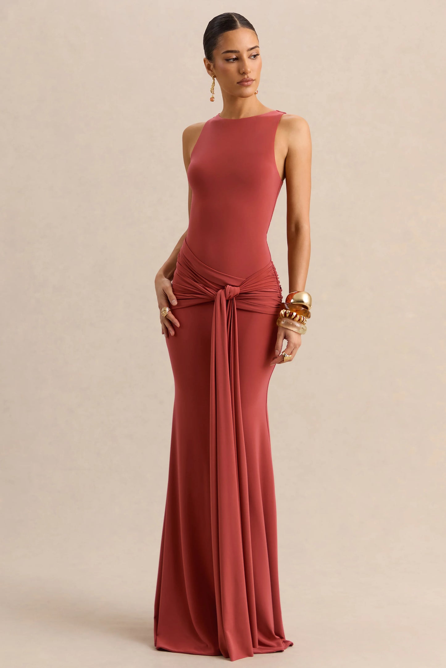 Cherine Rust Round-Neck Maxi Dress With Gathered-Detailing And Sash