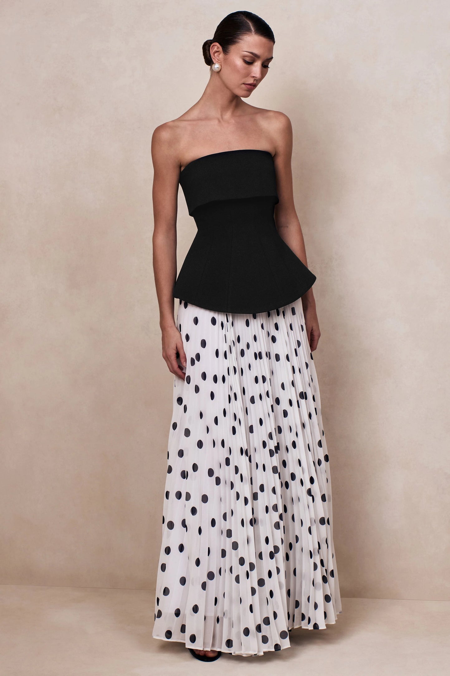 Stellara Black & White Polka Dot Bandeau Corset Maxi Dress With Sheer Skirt