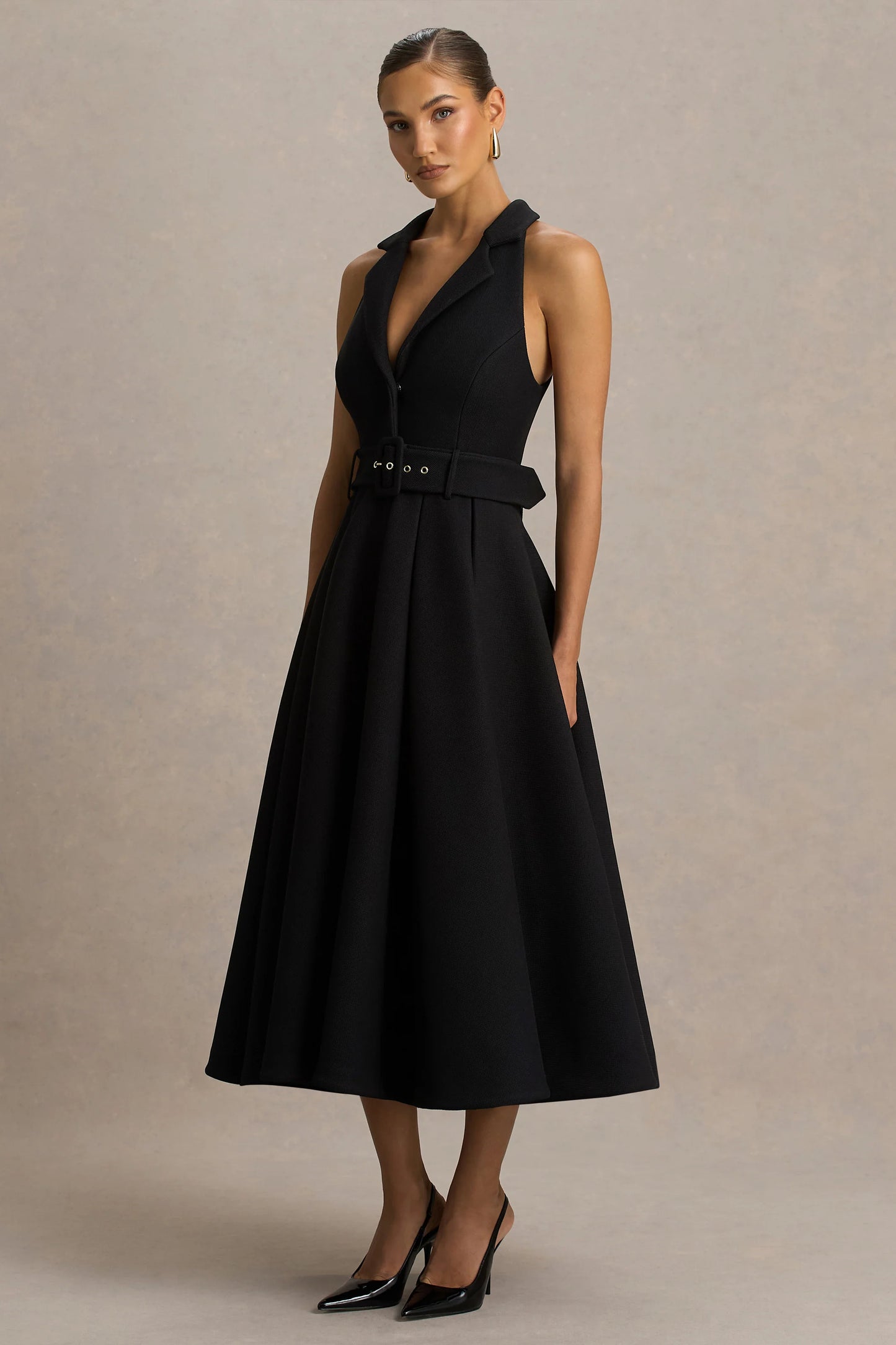 Alessa Black Plunge-Neck Tailored Midi Dress