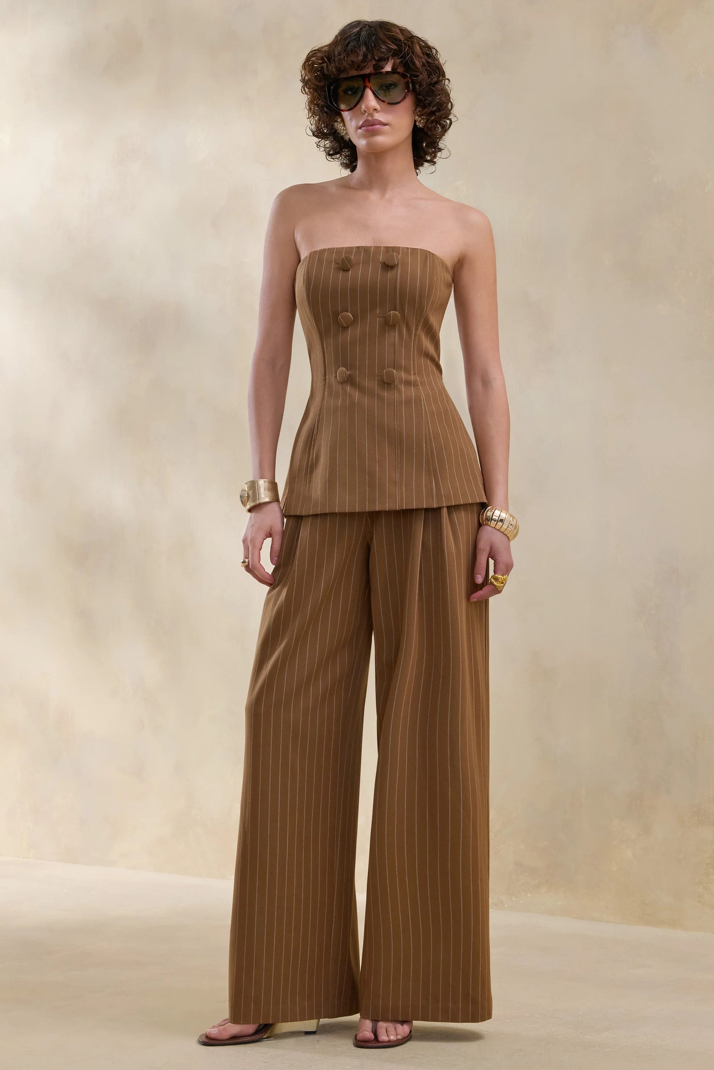 Meliva Brown Pinstripe Wide-Leg Tailored Trouser