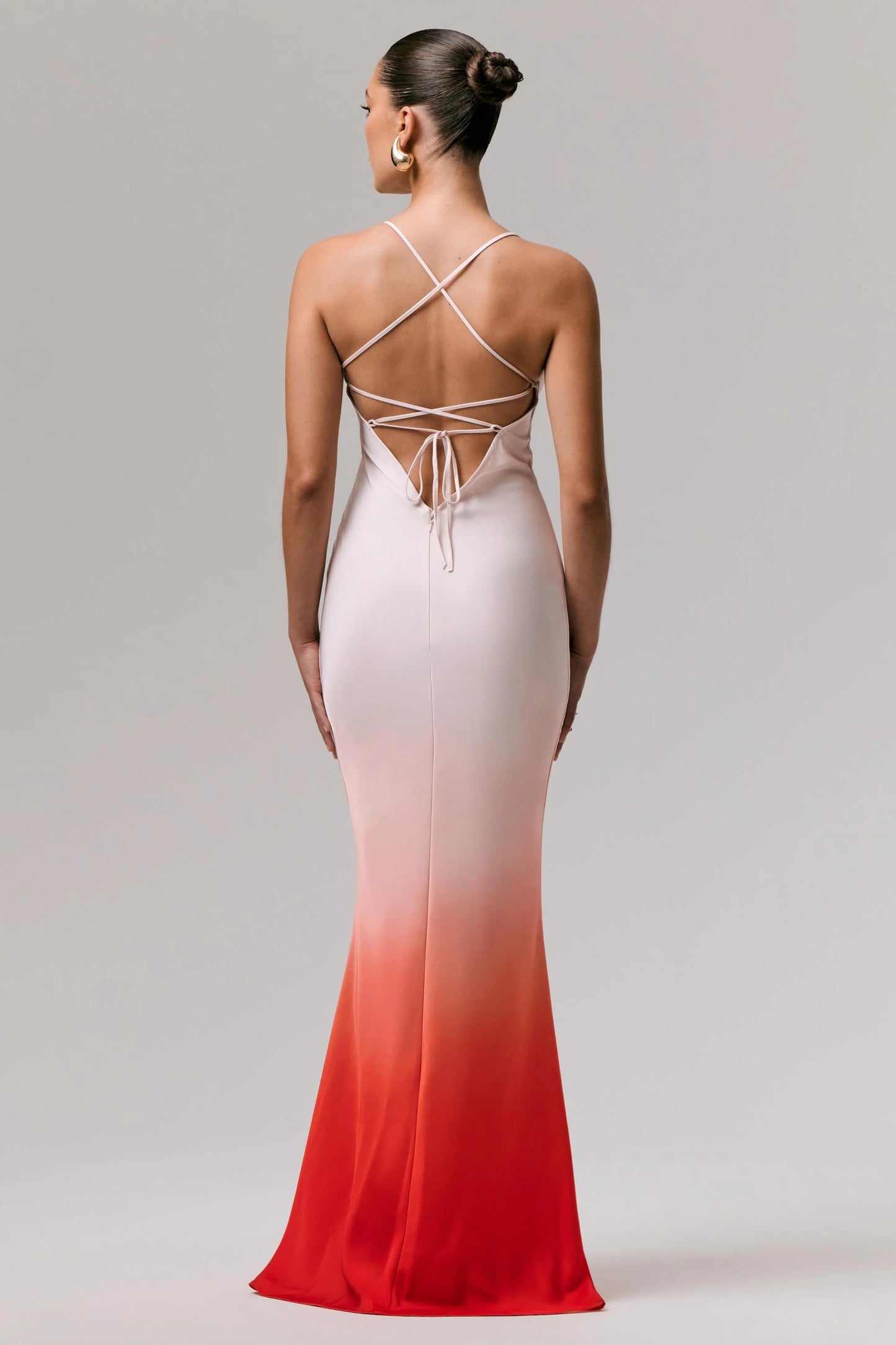 Lucie Red Ombre Satin Cowl-Neck Maxi Dress