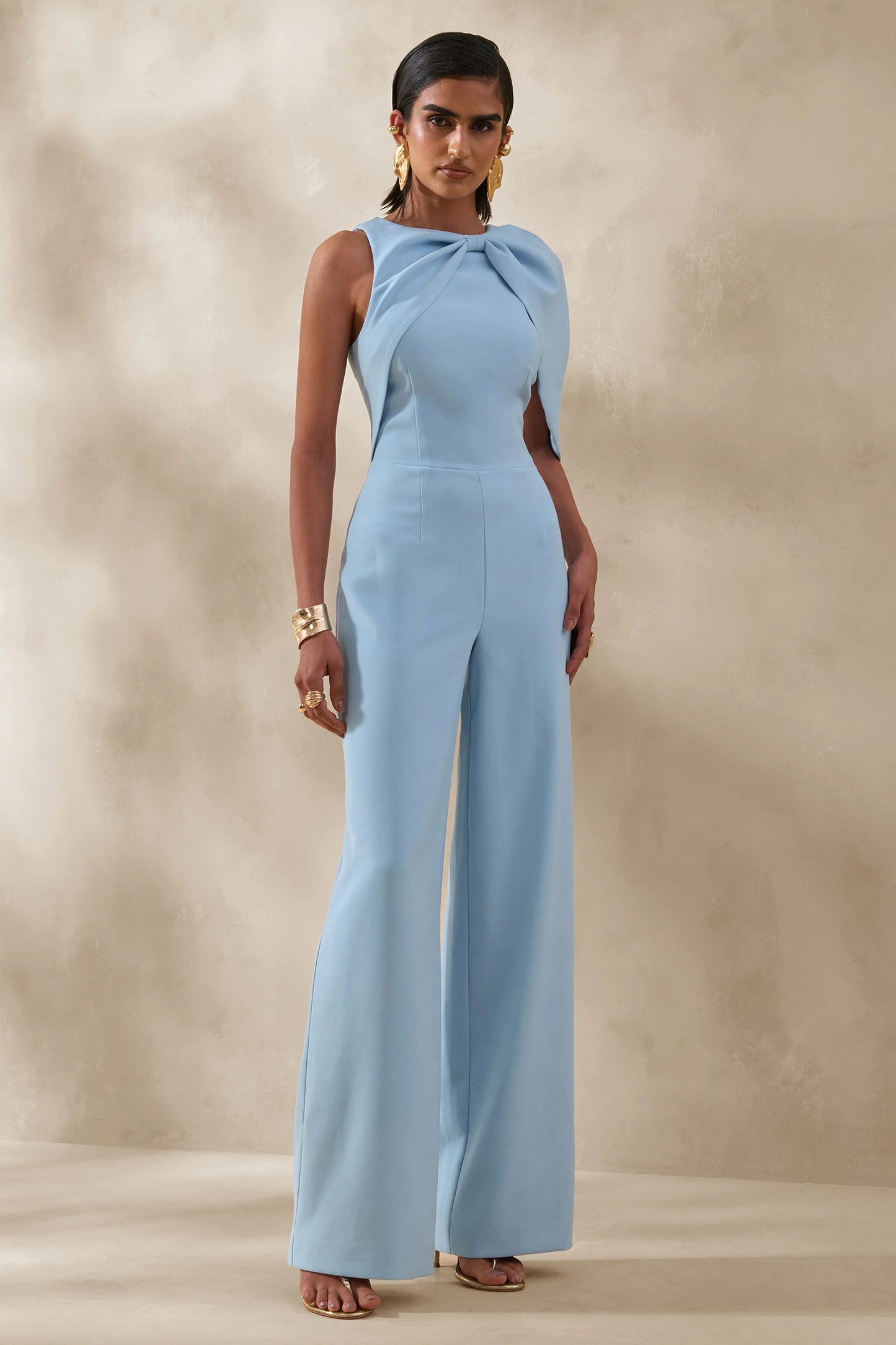 Quinley Powder Blue Asymmetric-Neck Jumpsuit With Cape-Sleeve