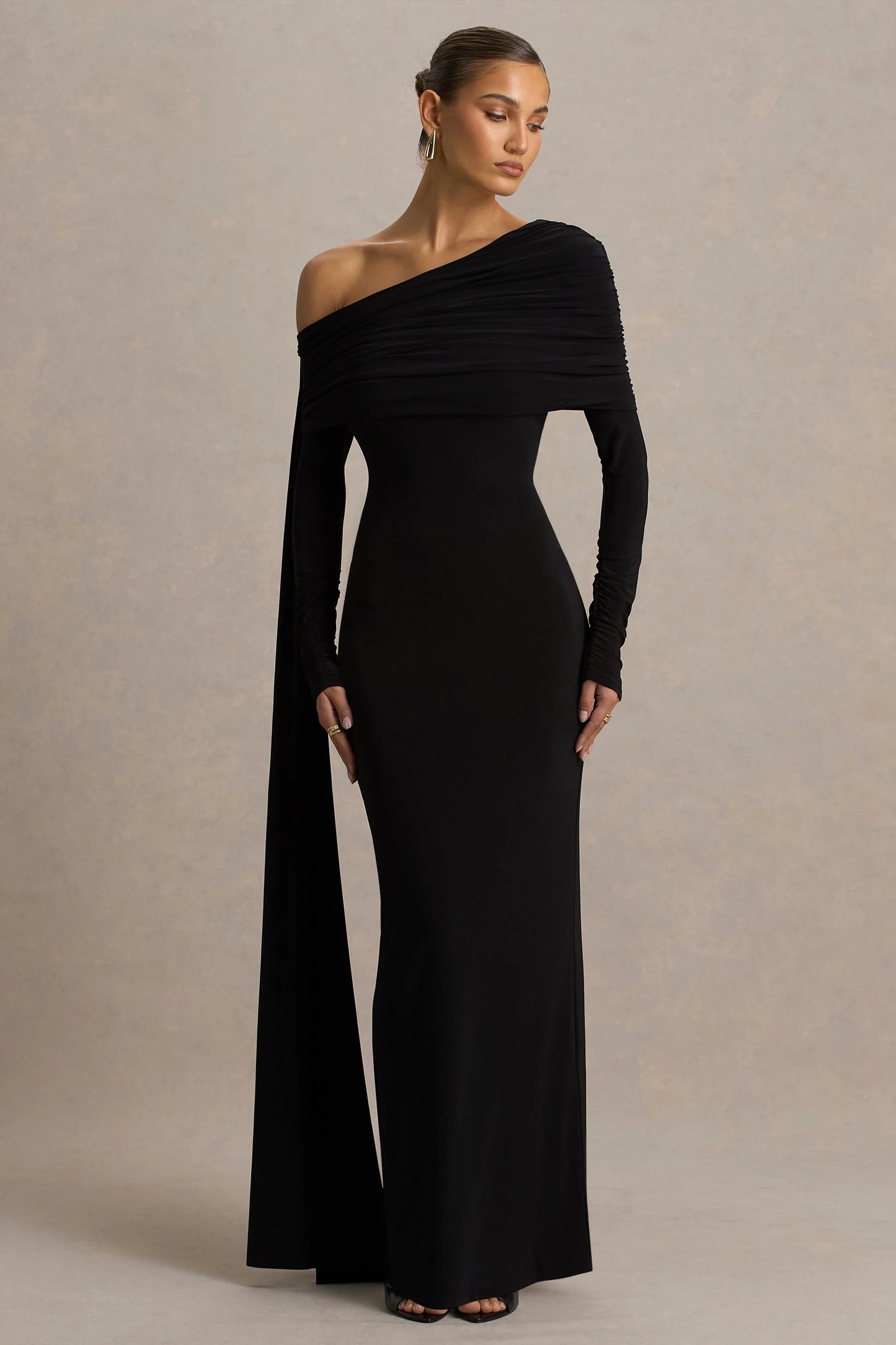 Octavia Black Bardot-Neck Maxi Dress With Cape And Ruched Detailing