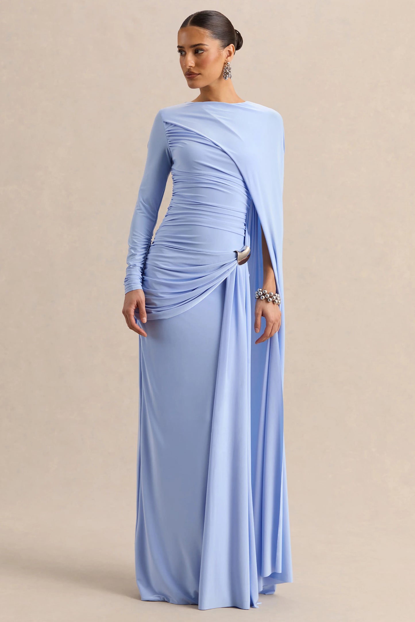 Orintha Powder Blue Wide-Neck Maxi Dress With Cape And Gold-Detail