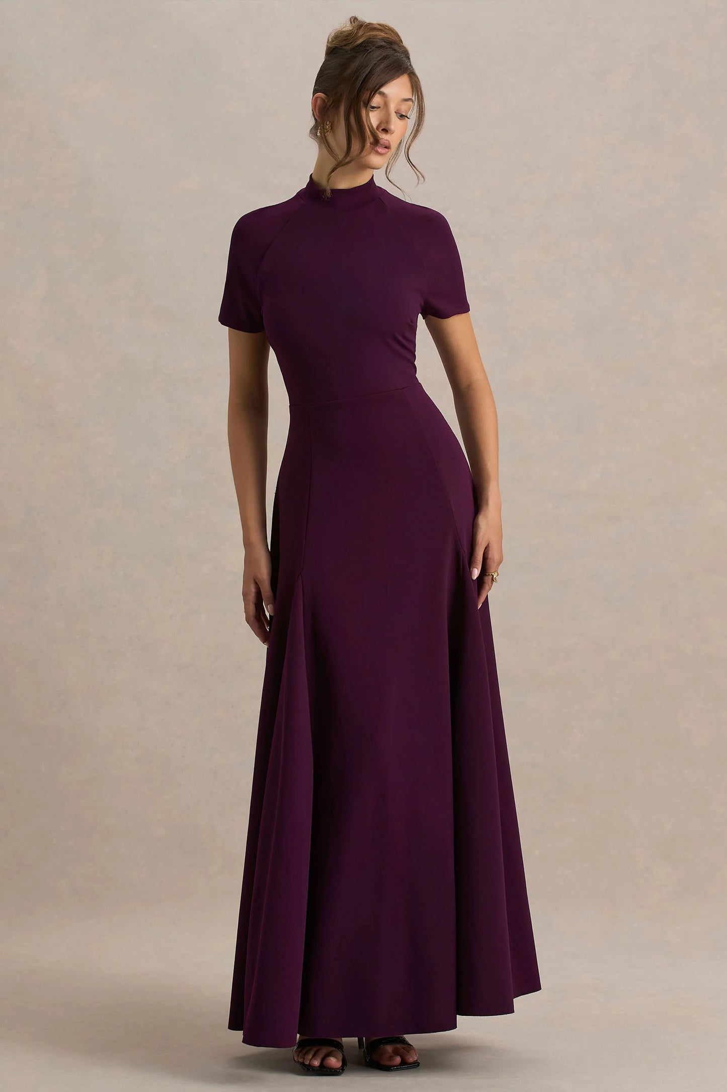 Alea Burgundy High-Neck Short-Sleeve Maxi Dress