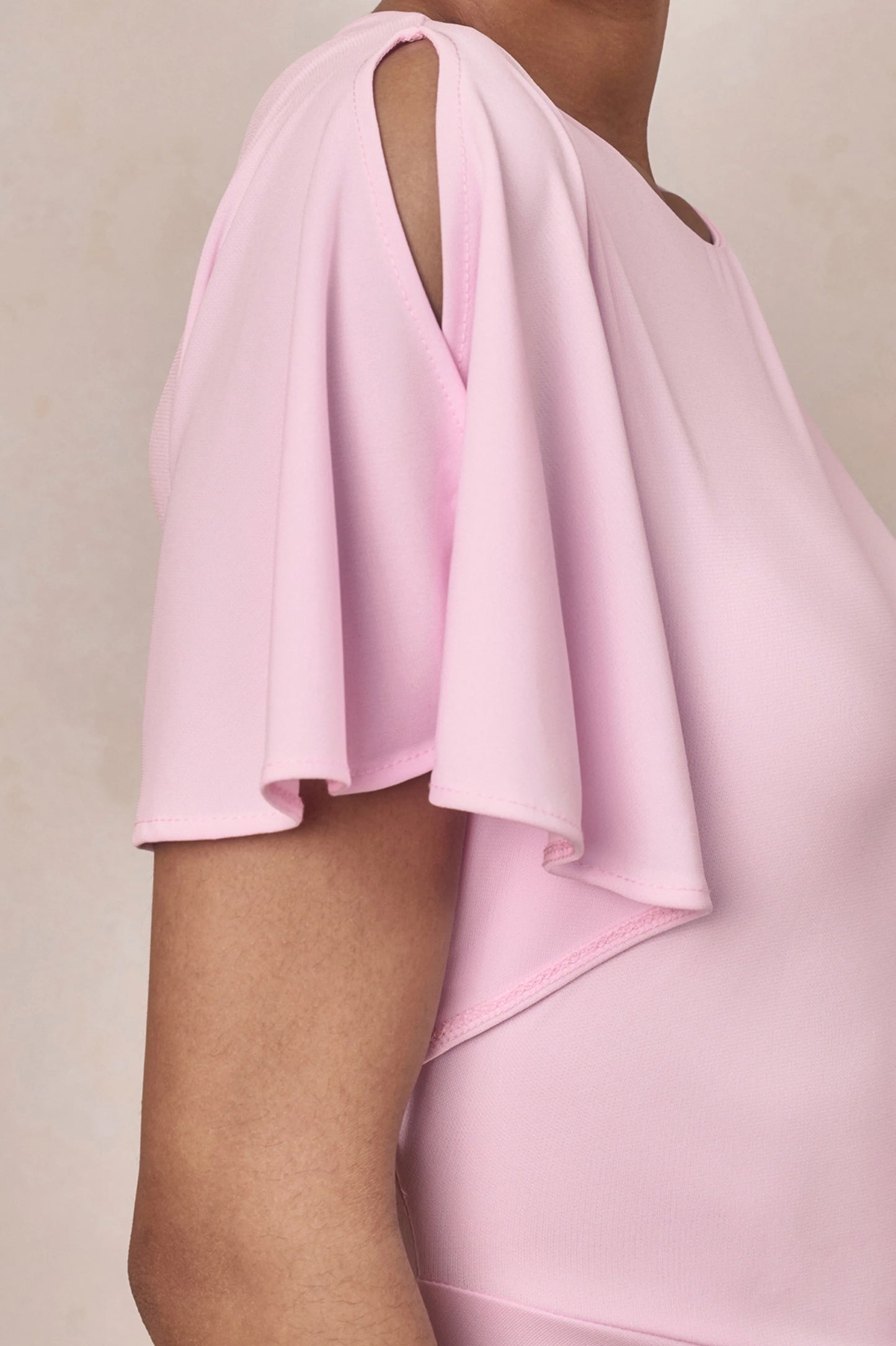 Grandeur Pale Pink High-Neck Ruched Maxi Dress