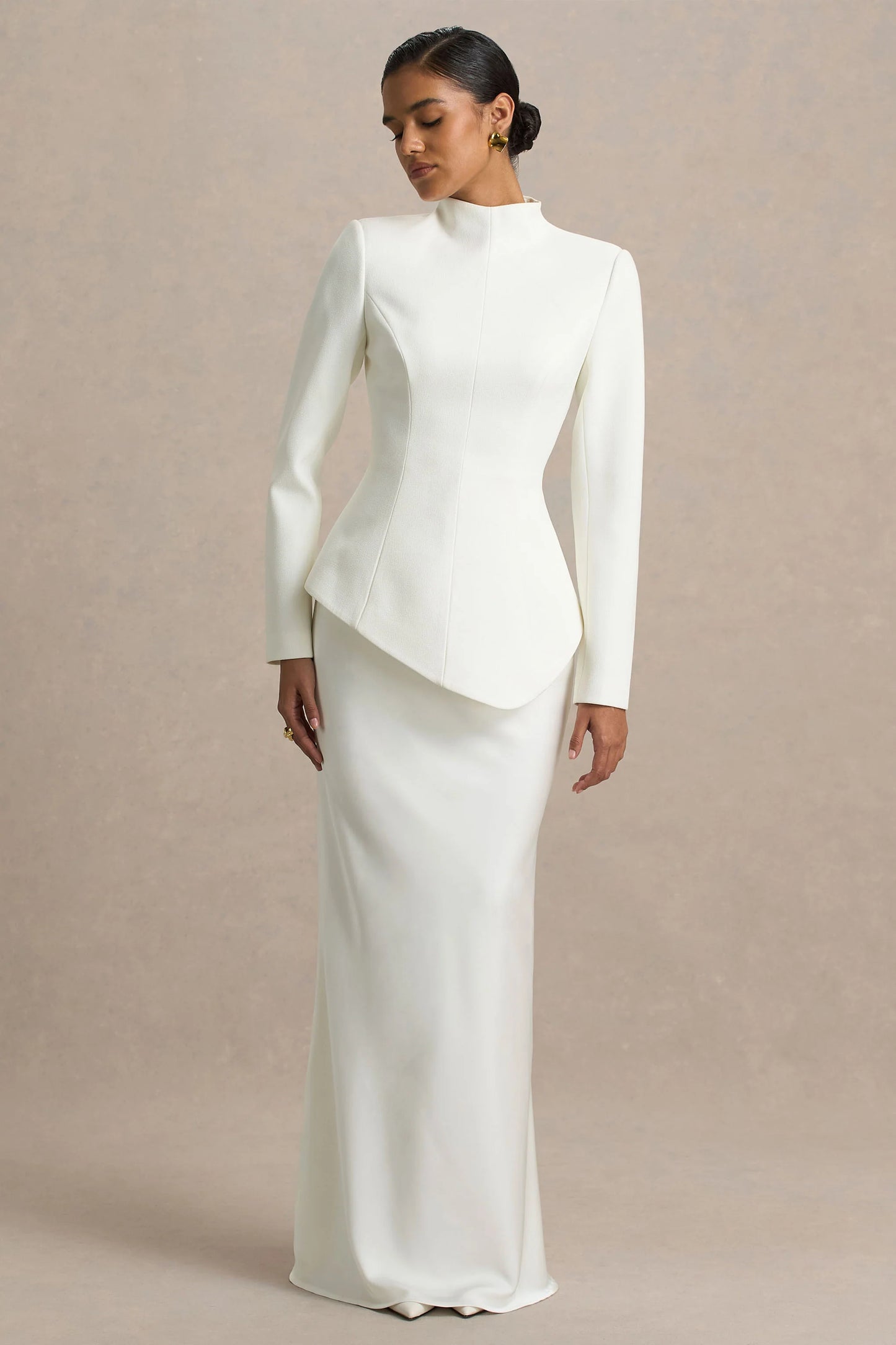 Pepita Cream High-Neck Tailored Maxi Dress With Drop-Waist And Satin Skirt