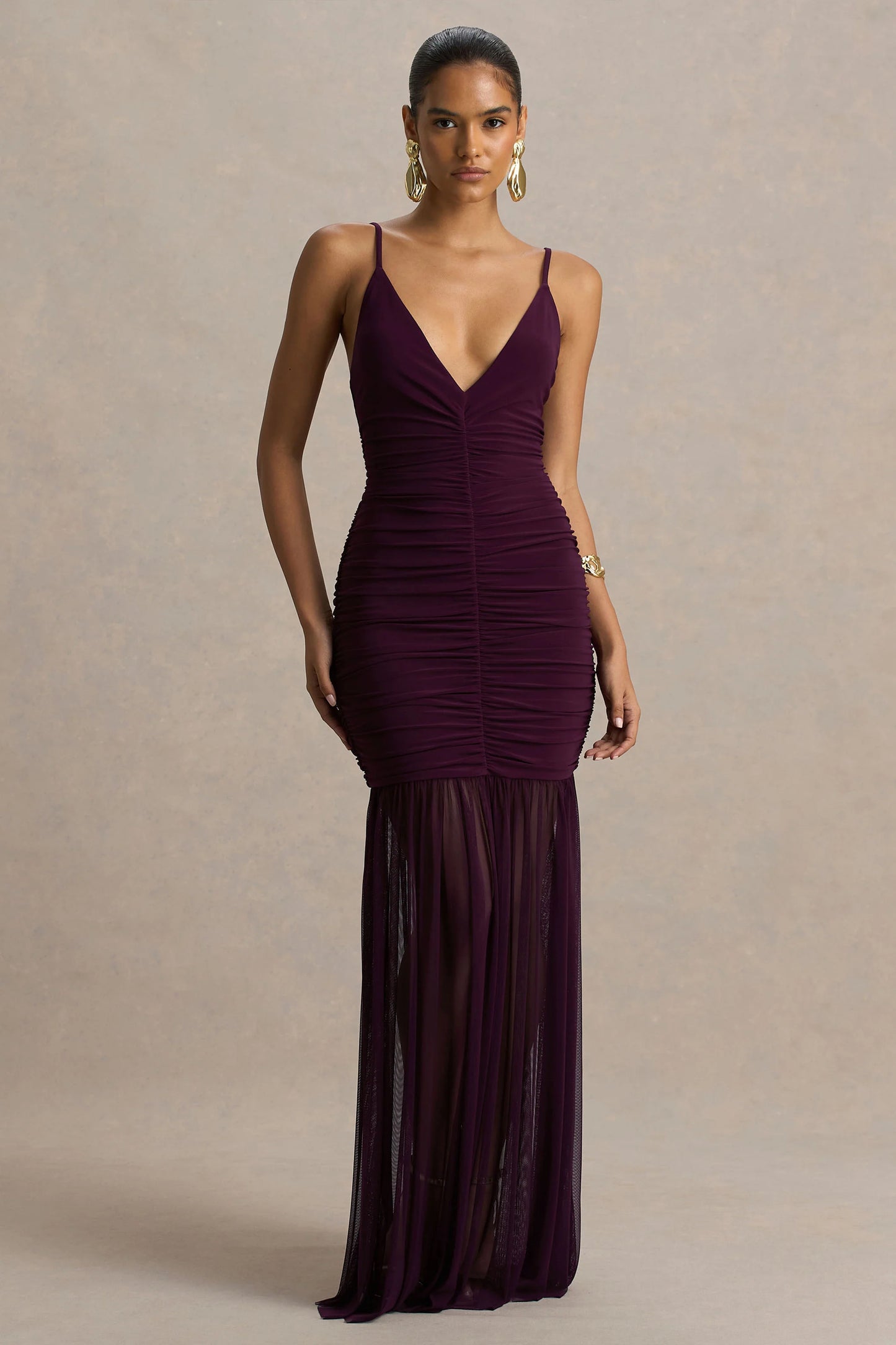 Pasqualina Plum Ruched Plunge-Neck Maxi Dress