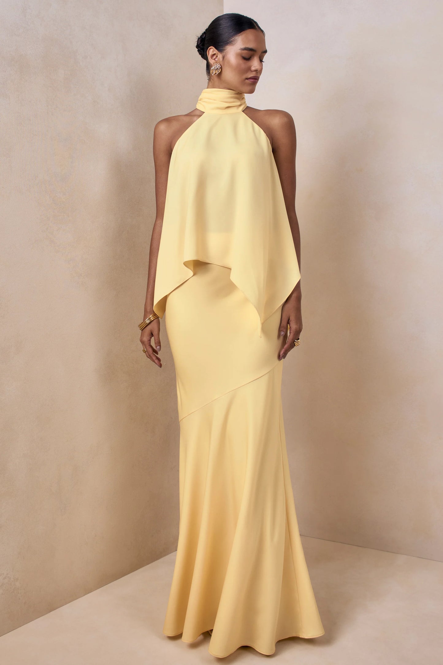 Vayla Lemon Matte Satin Asymmetric Drop-Waist Maxi Skirt