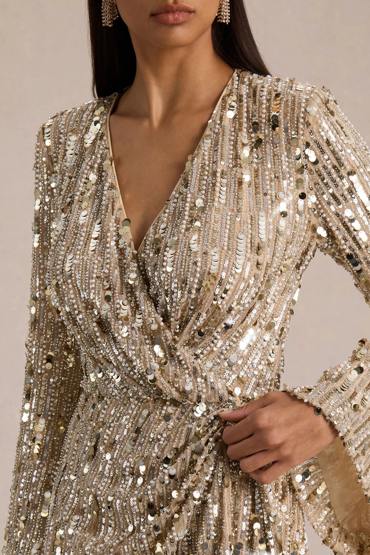 Carmina Gold Sequin Plunge-Neck Wrap Mini Dress With Sash Detail