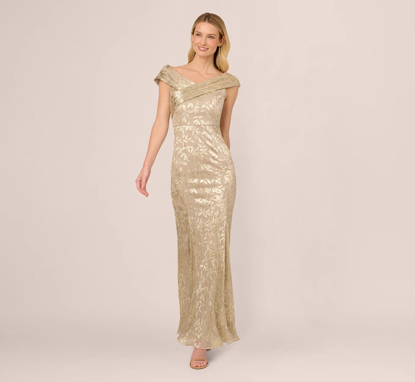 Off Shoulder Foil Leaf Mermaid Gown In Champagne Gold