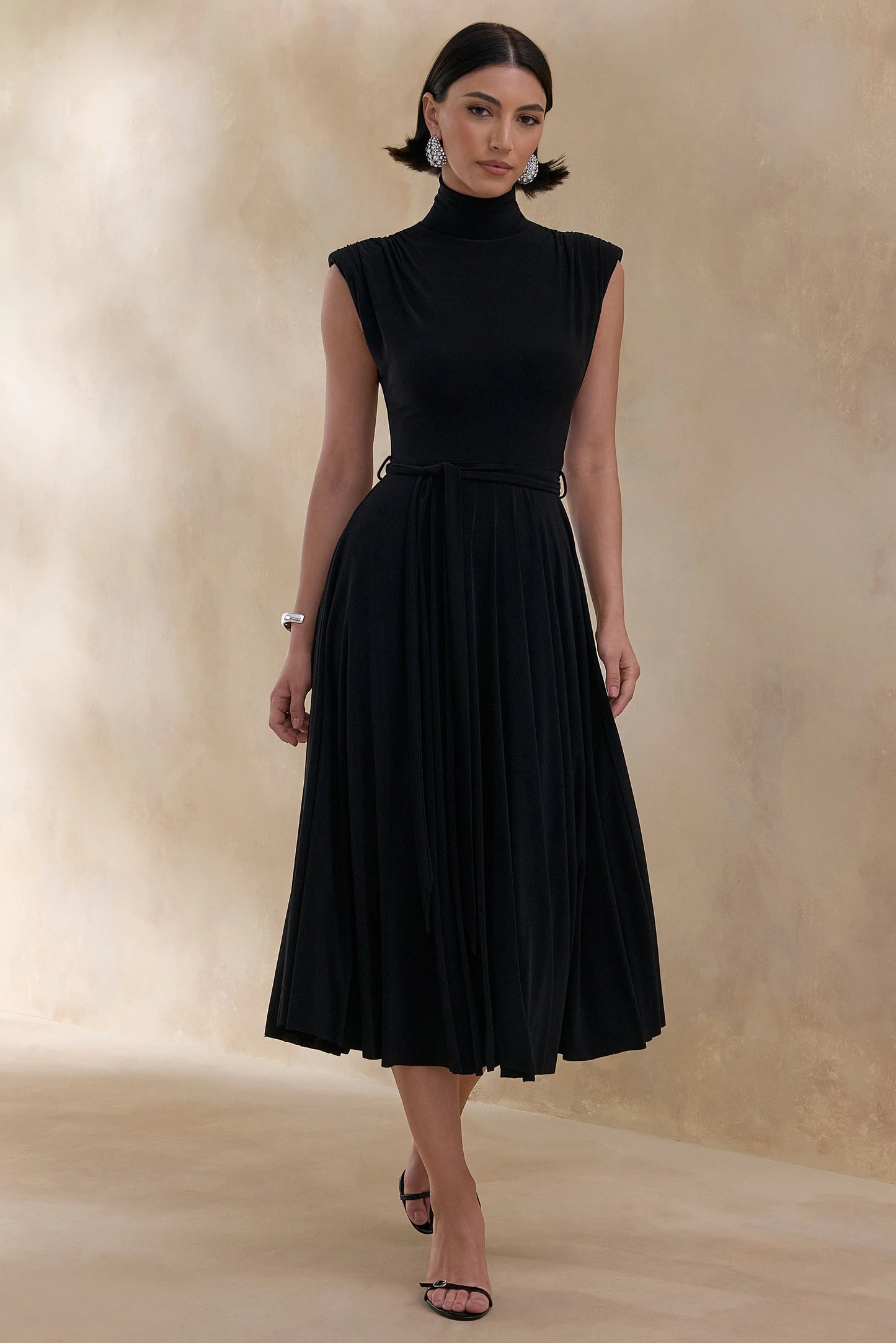 Roselena Black High-Neck Midi Dress