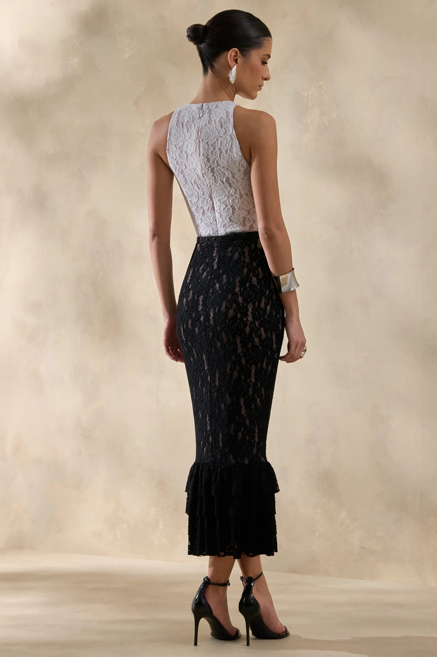 Vionna Black And White Lace High-Neck Midi Dress With Bow-Belt Detail