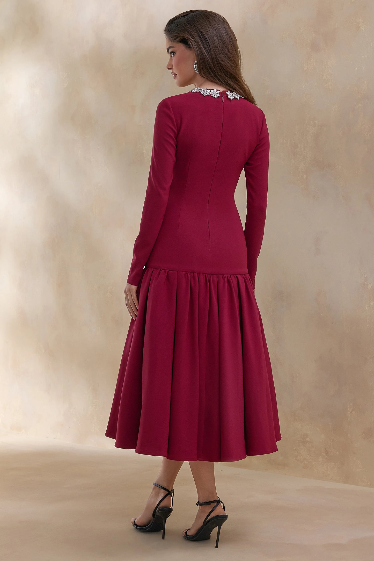 Jovana Burgundy Hand-Embellished Crew-Neck Midi Dress With Drop Waist