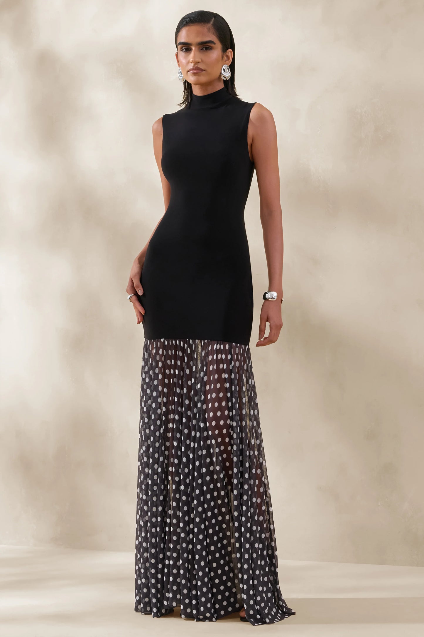 Felina Black High-Neck Maxi Dress With Sheer-Skirt
