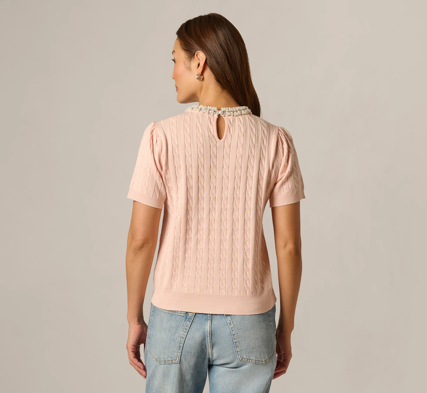 Short Sleeve Beaded Collar Pullover Sweater In Pink Whisper