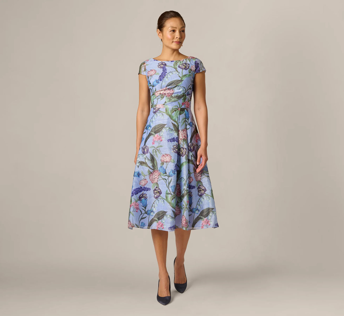 Cap Sleeve Floral Jacquard A Line Midi Dress In Blue Multi