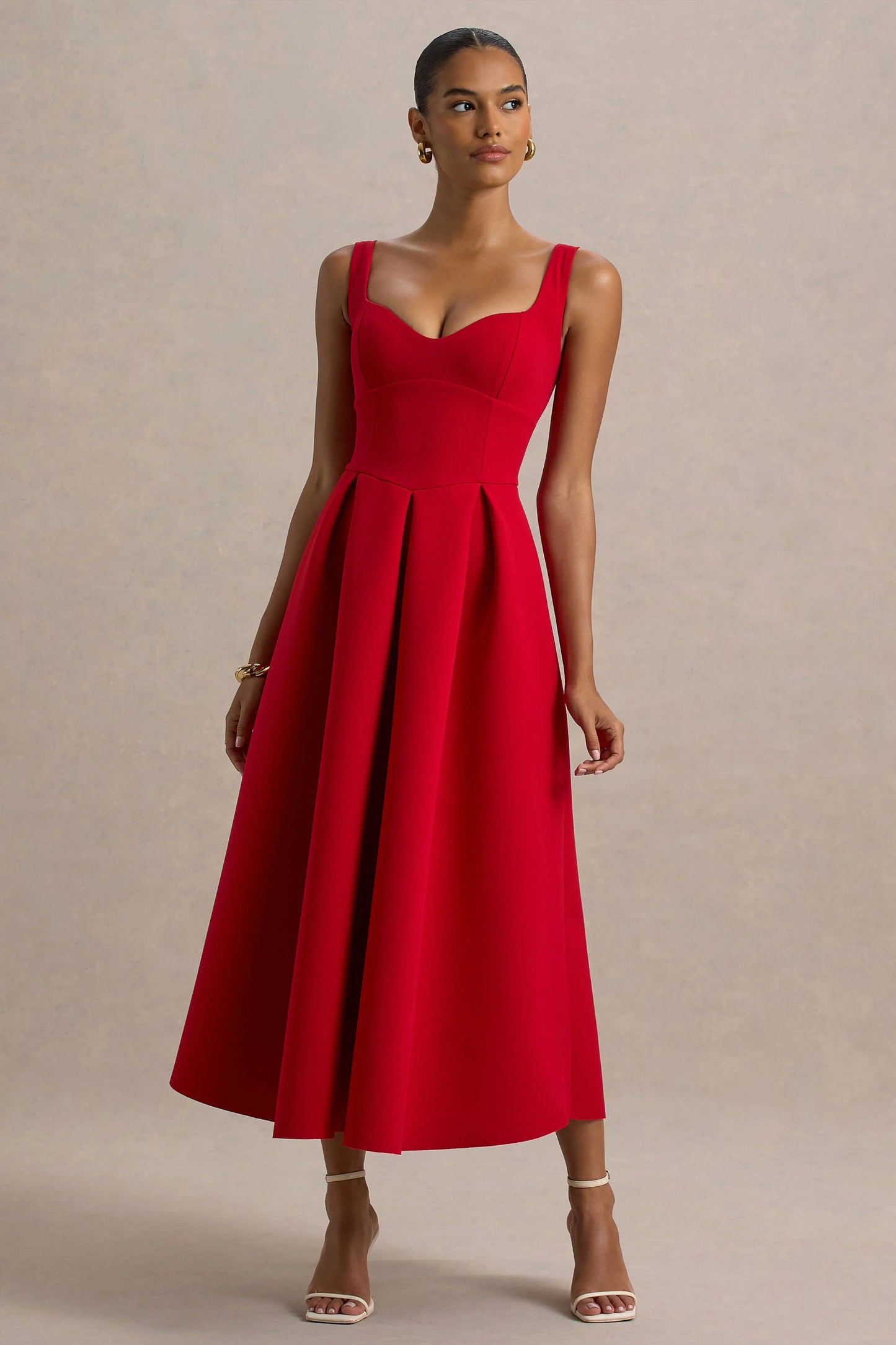 Rosemary Red Sweetheart-Neck Midi Dress