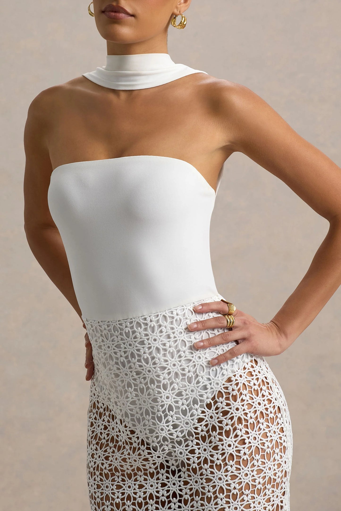 Tamala White High-Neck Midi Dress With Lace Skirt