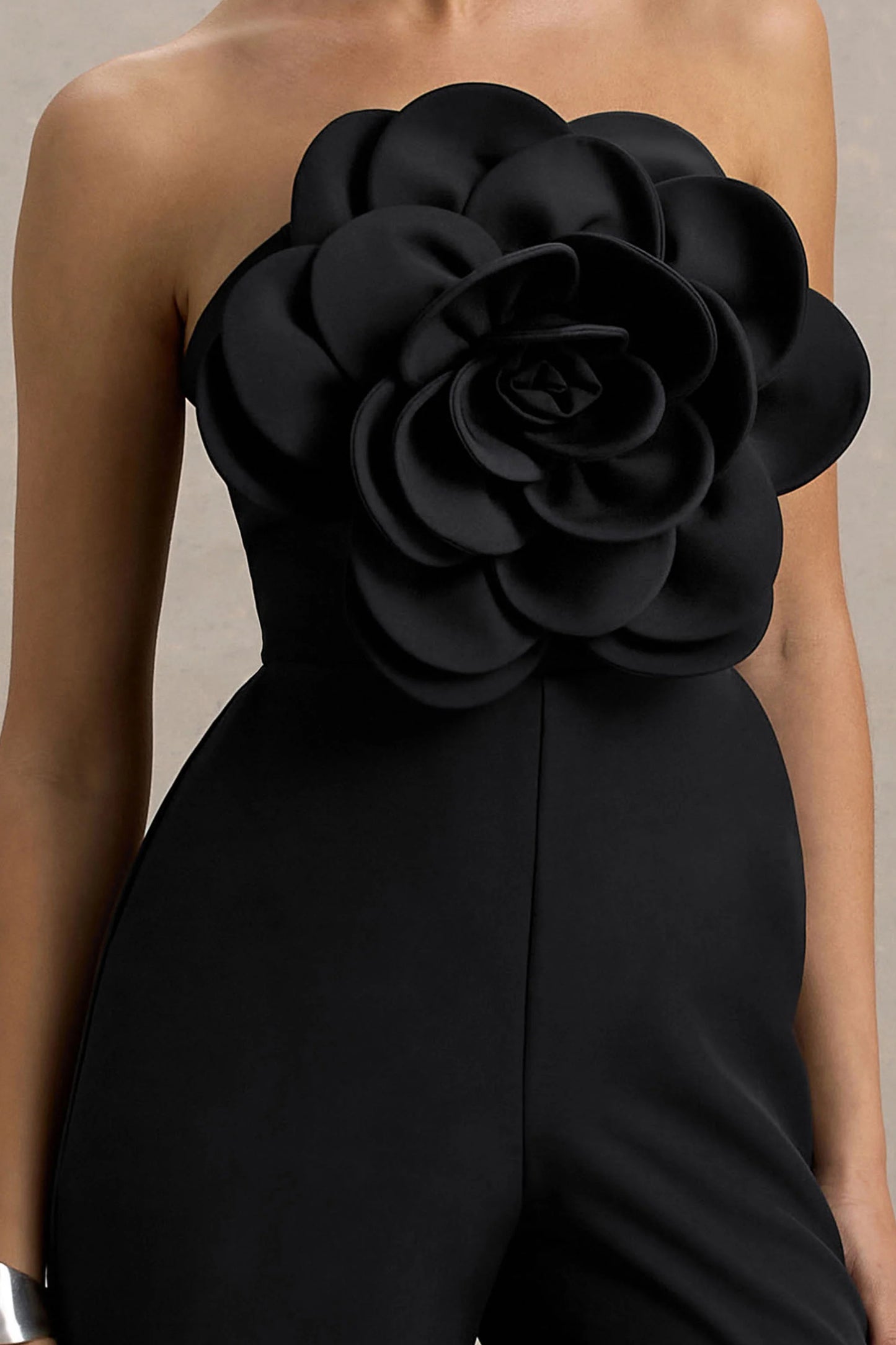 Opia Black Bandeau Wide-Leg Jumpsuit With Large Floral Corsage