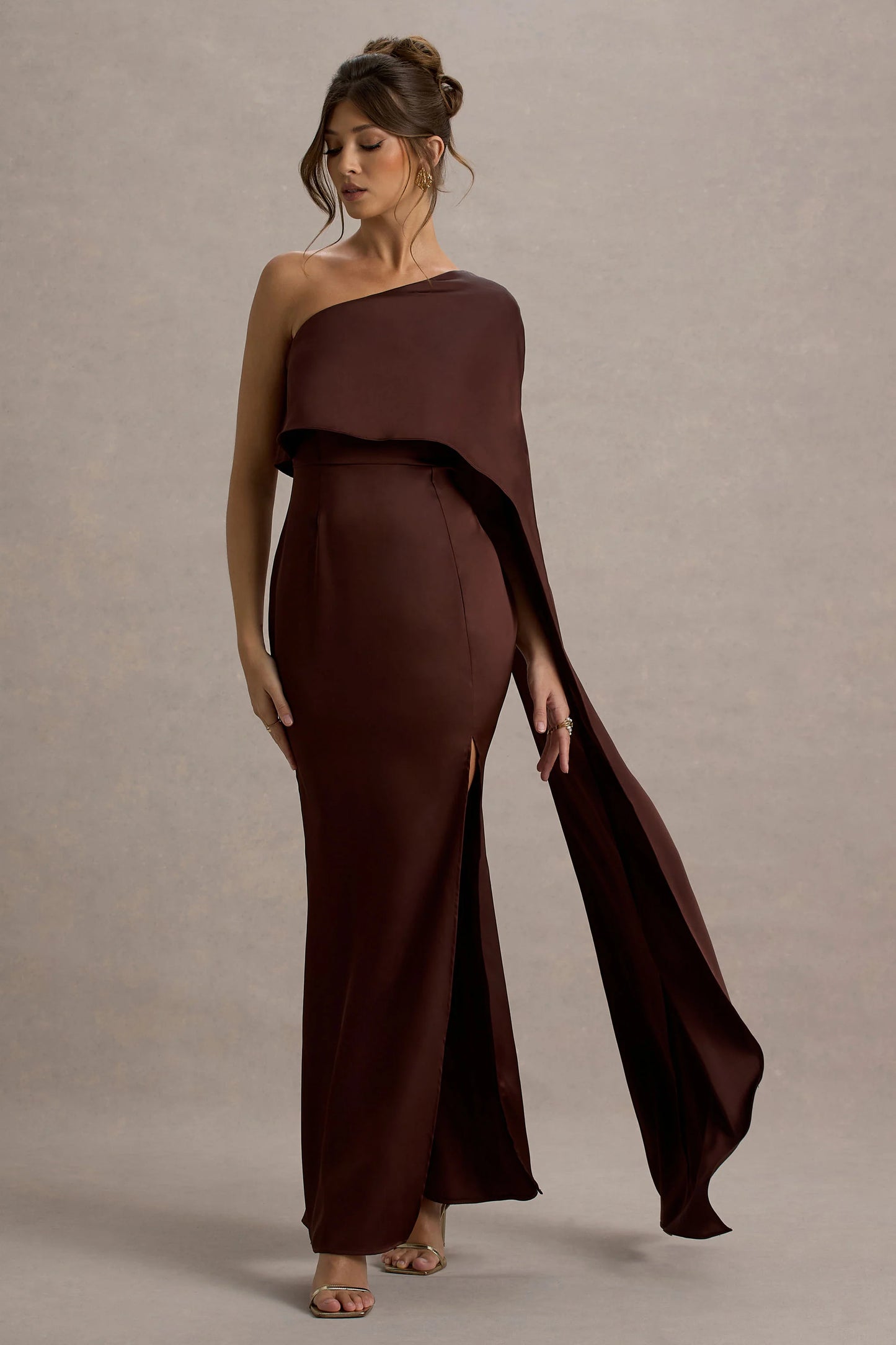 Amora Brown Satin Asymmetric Cape-Sleeve Split Maxi Dress