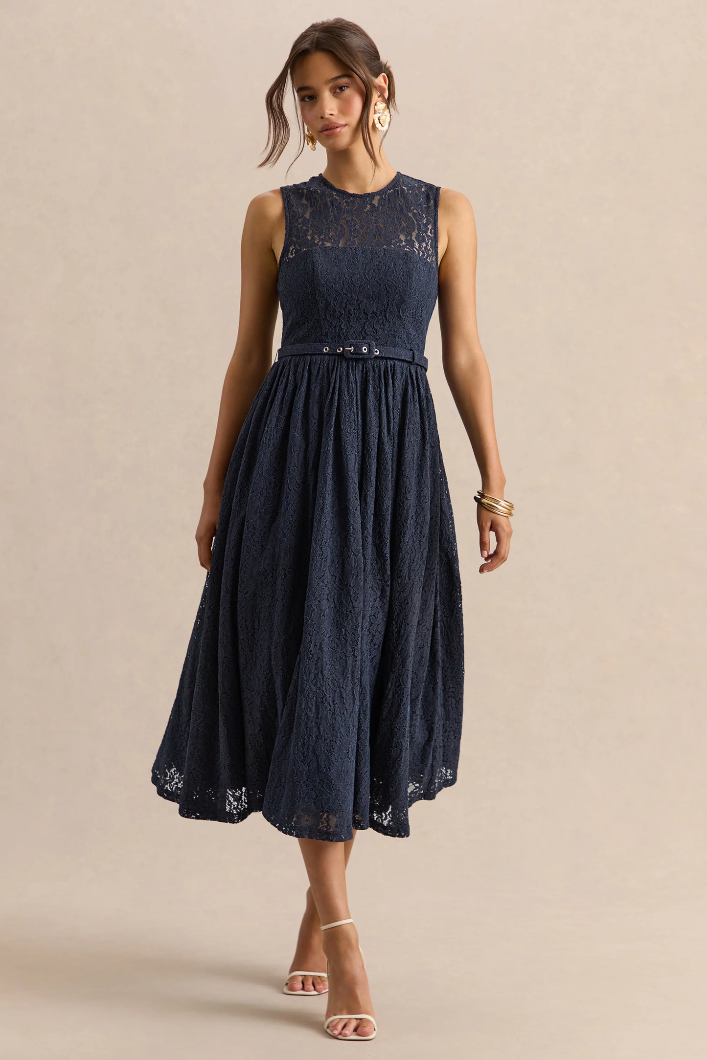Anabella Navy Lace Crew-Neck Belted Midi-Dress