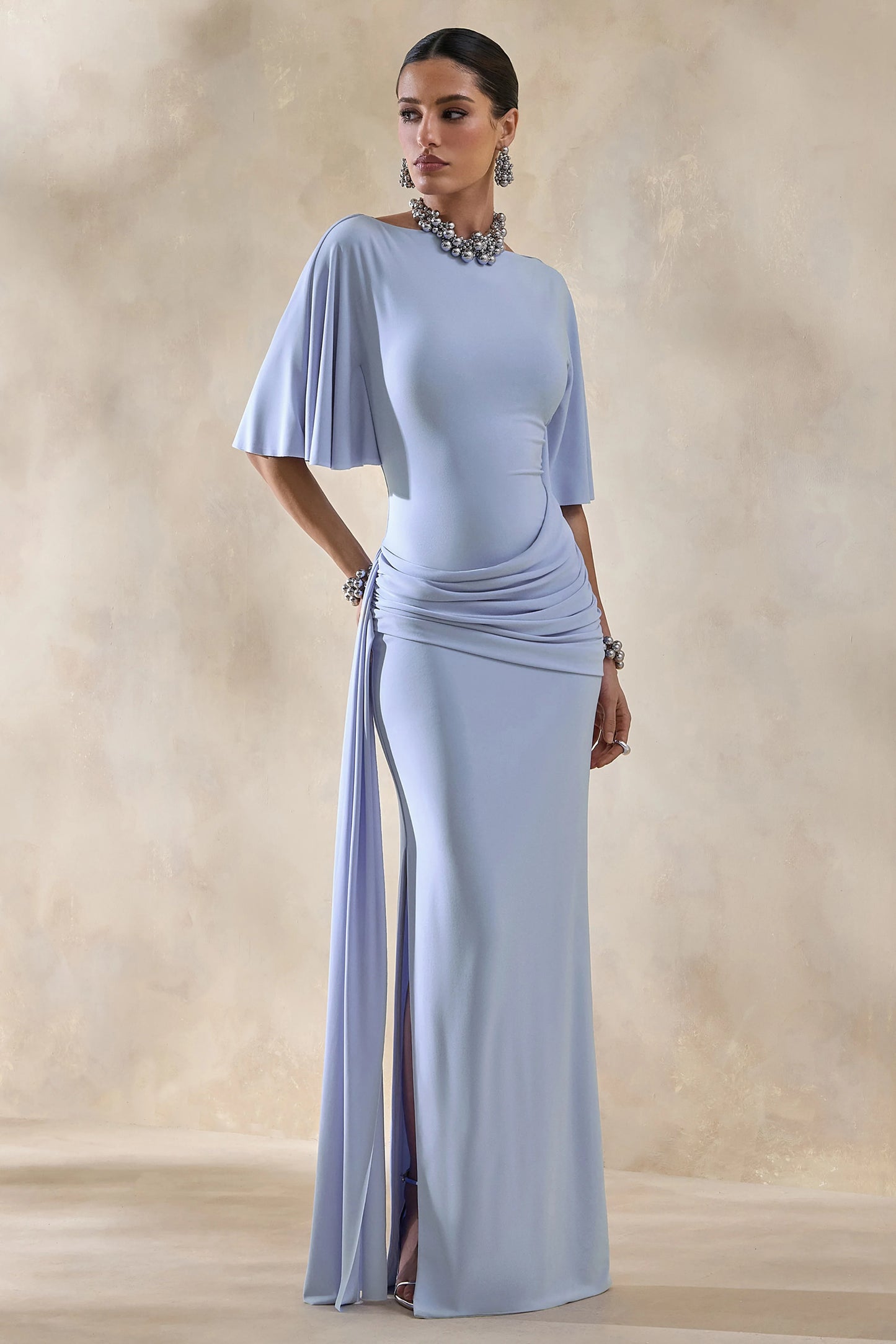 Emerelle Powder Blue Wide-Neck Maxi Dress With Sash And Draped-Detailing