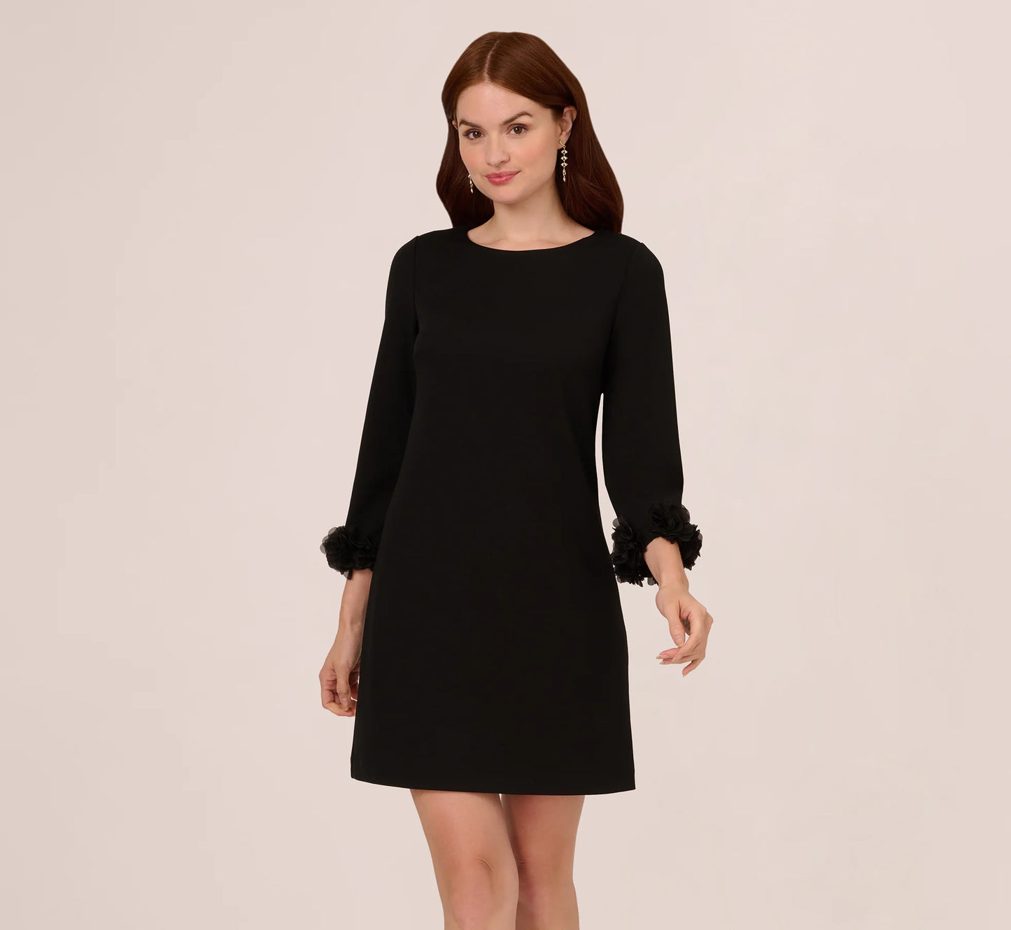 Three Quarter Sleeve Shift Dress With Floral Embellished Cuffs In Black