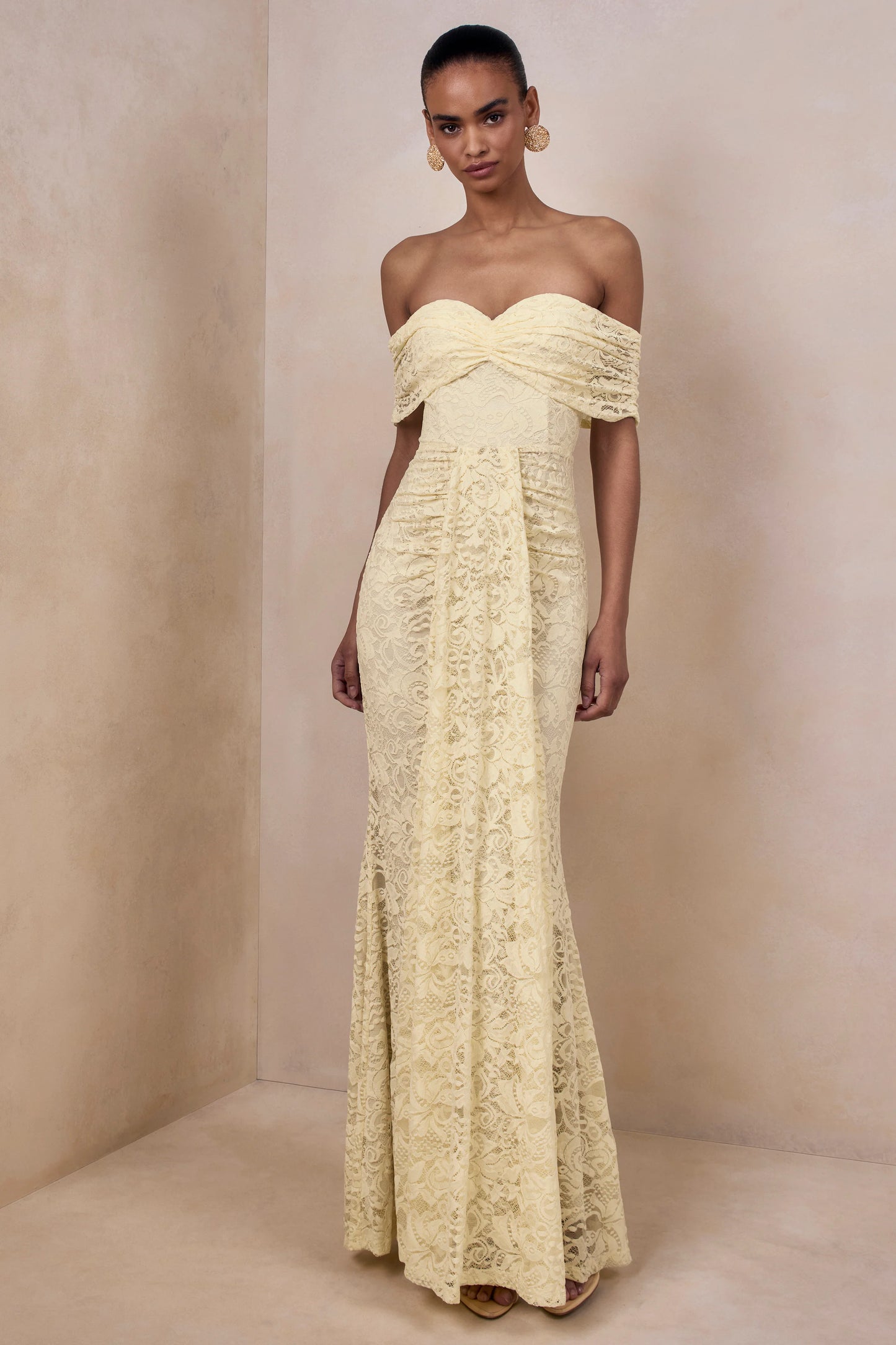 Aries Lemon Lace Bardot-Neck Maxi Dress With Gathered Detailing