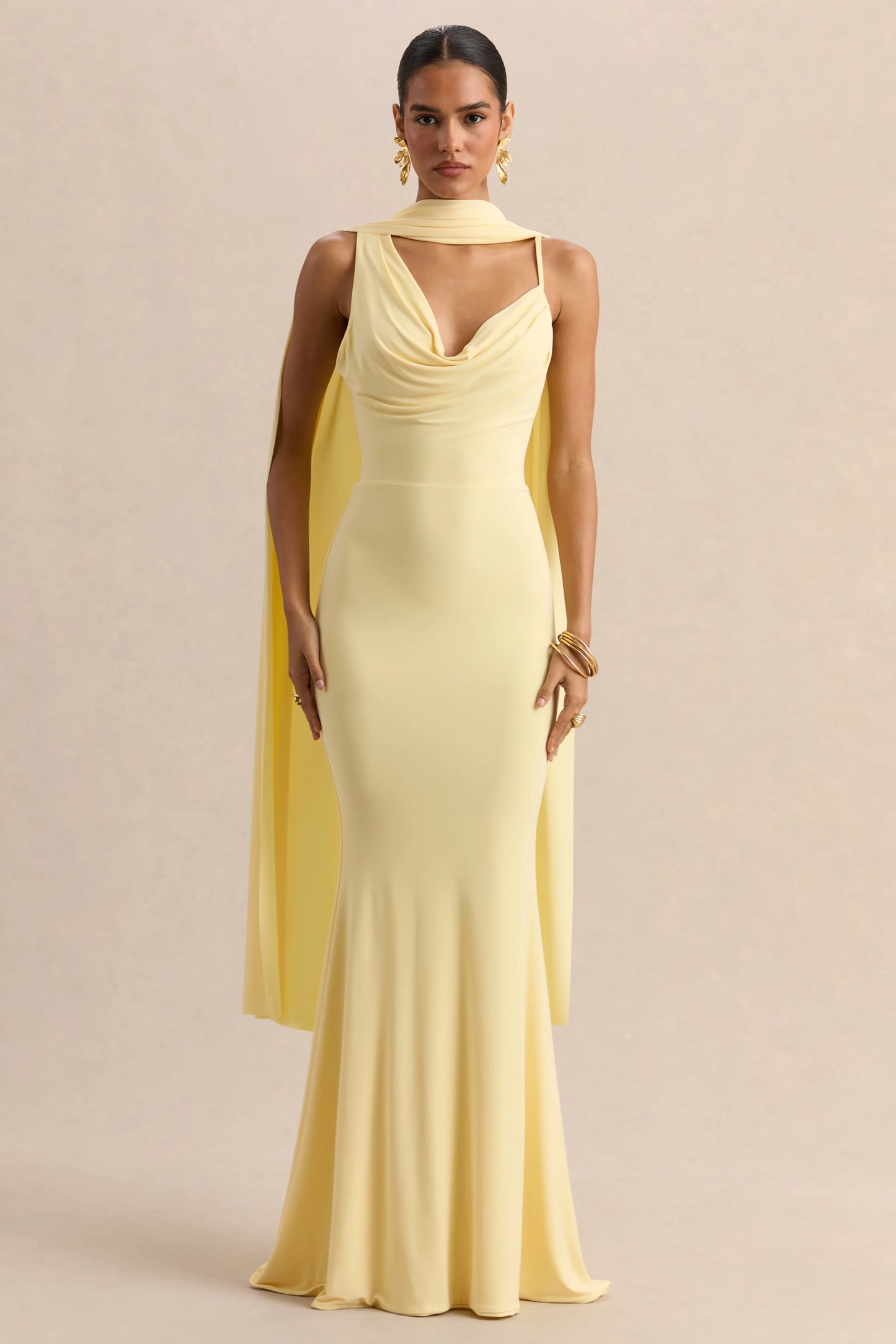 Armelia Lemon Cowl-Neck Maxi Dress With Scarf-Detail