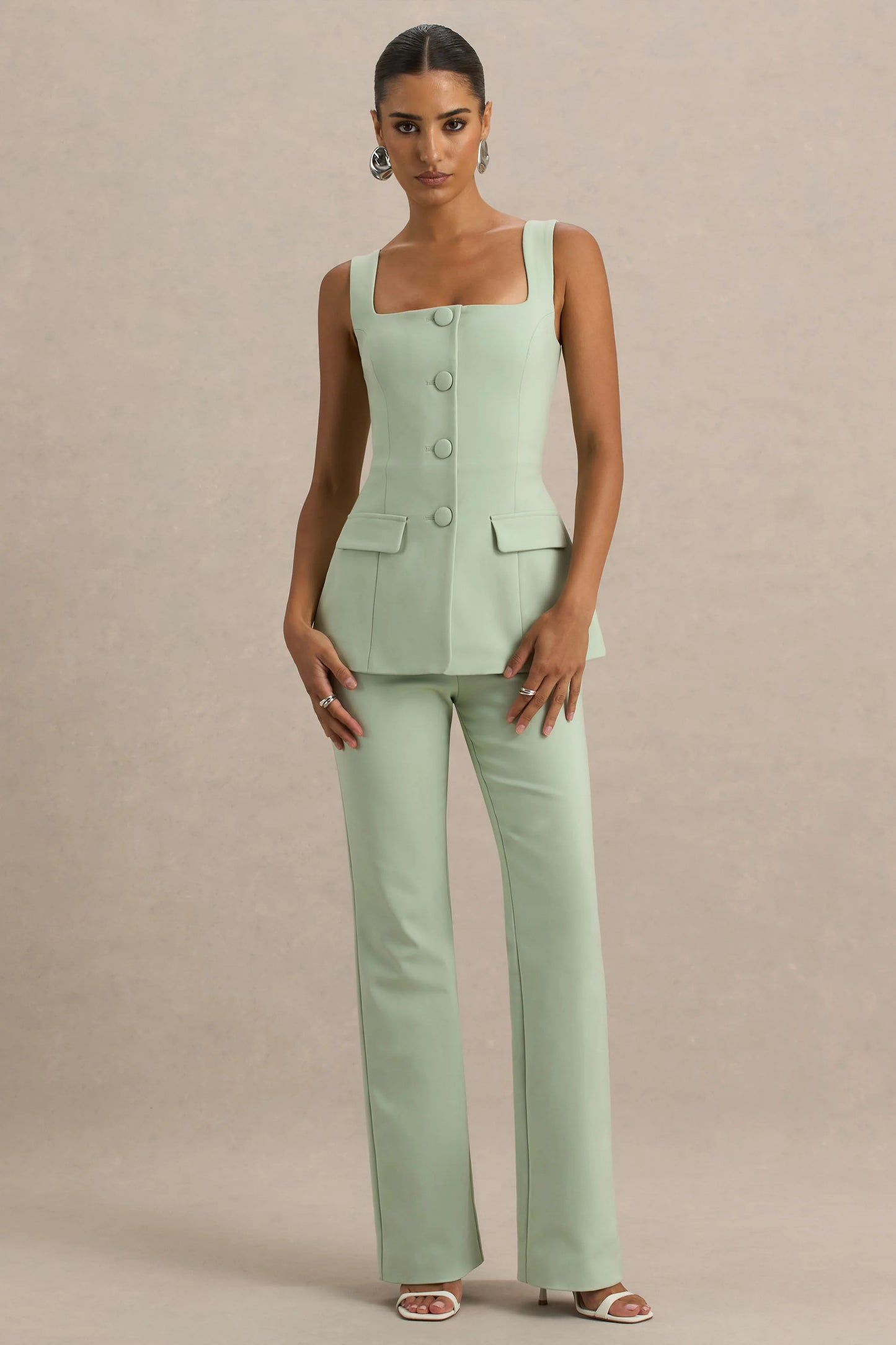 Aceline Light Green Square-Neck Tailored Jumpsuit