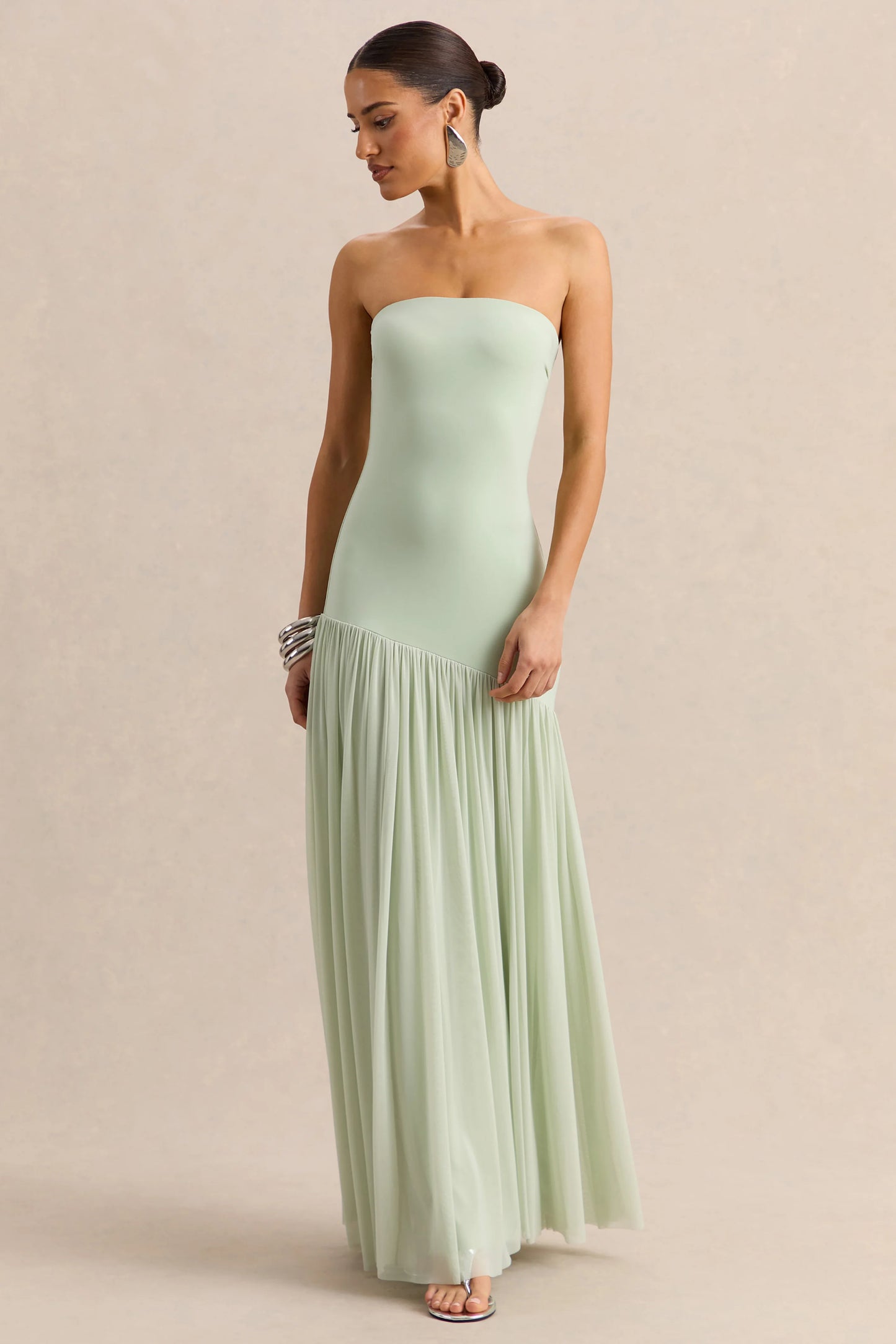 Bambi Mint Bandeau Maxi Dress With Scarf-Detail