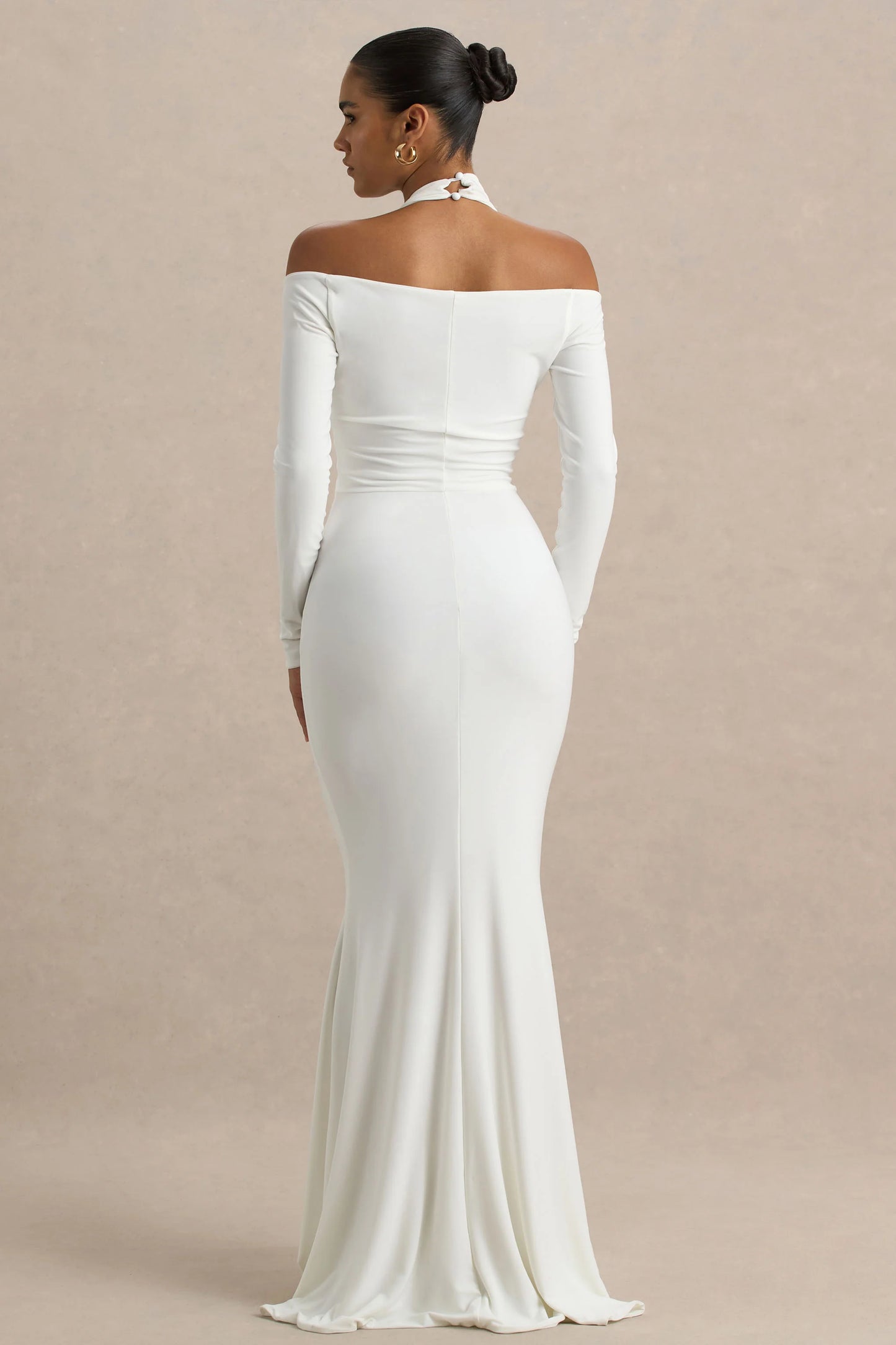 Living High White Halter-Neck Maxi Dress With Long Sleeves