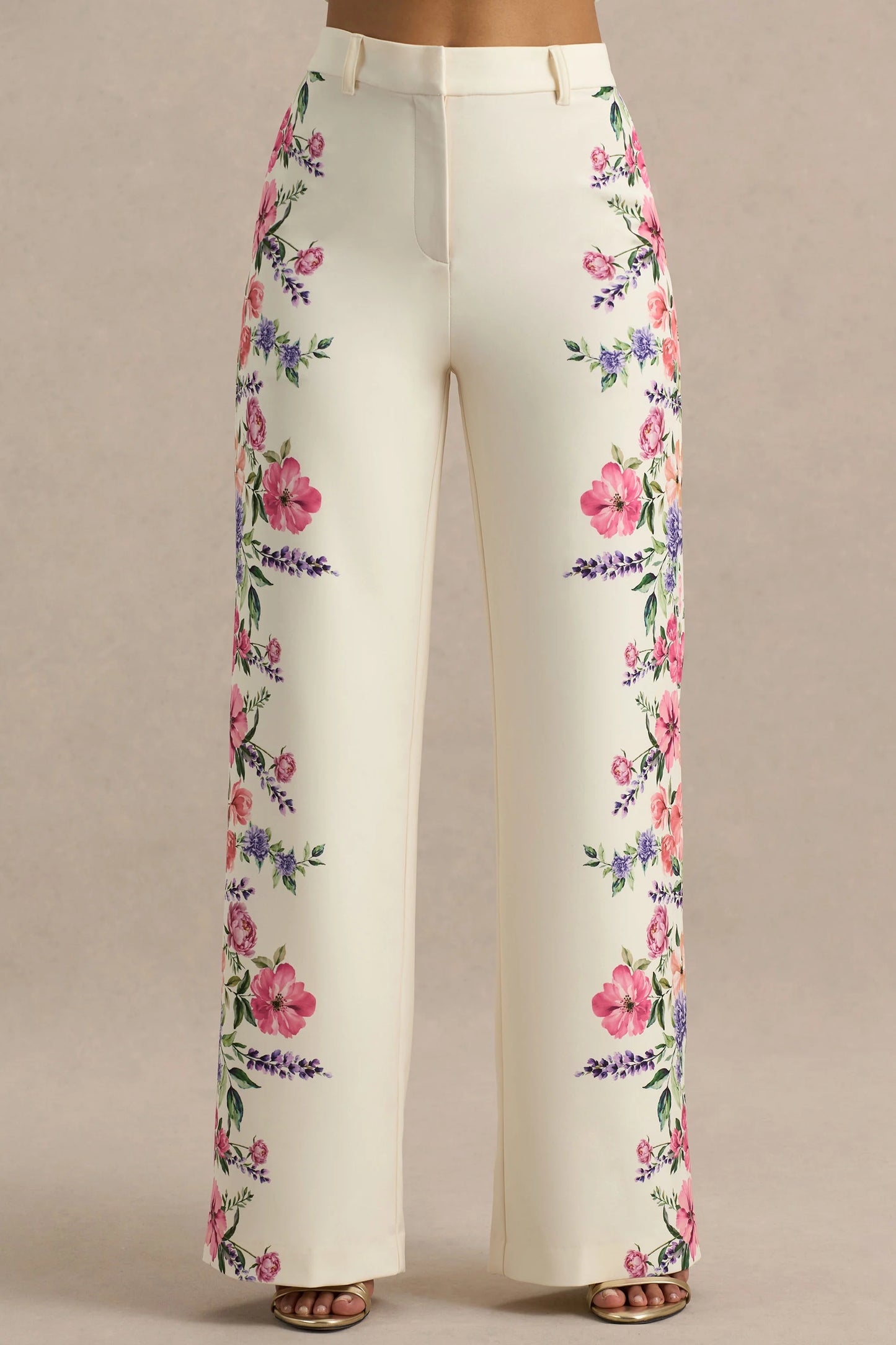 Solana White Floral Border Print Wide-Leg Trousers