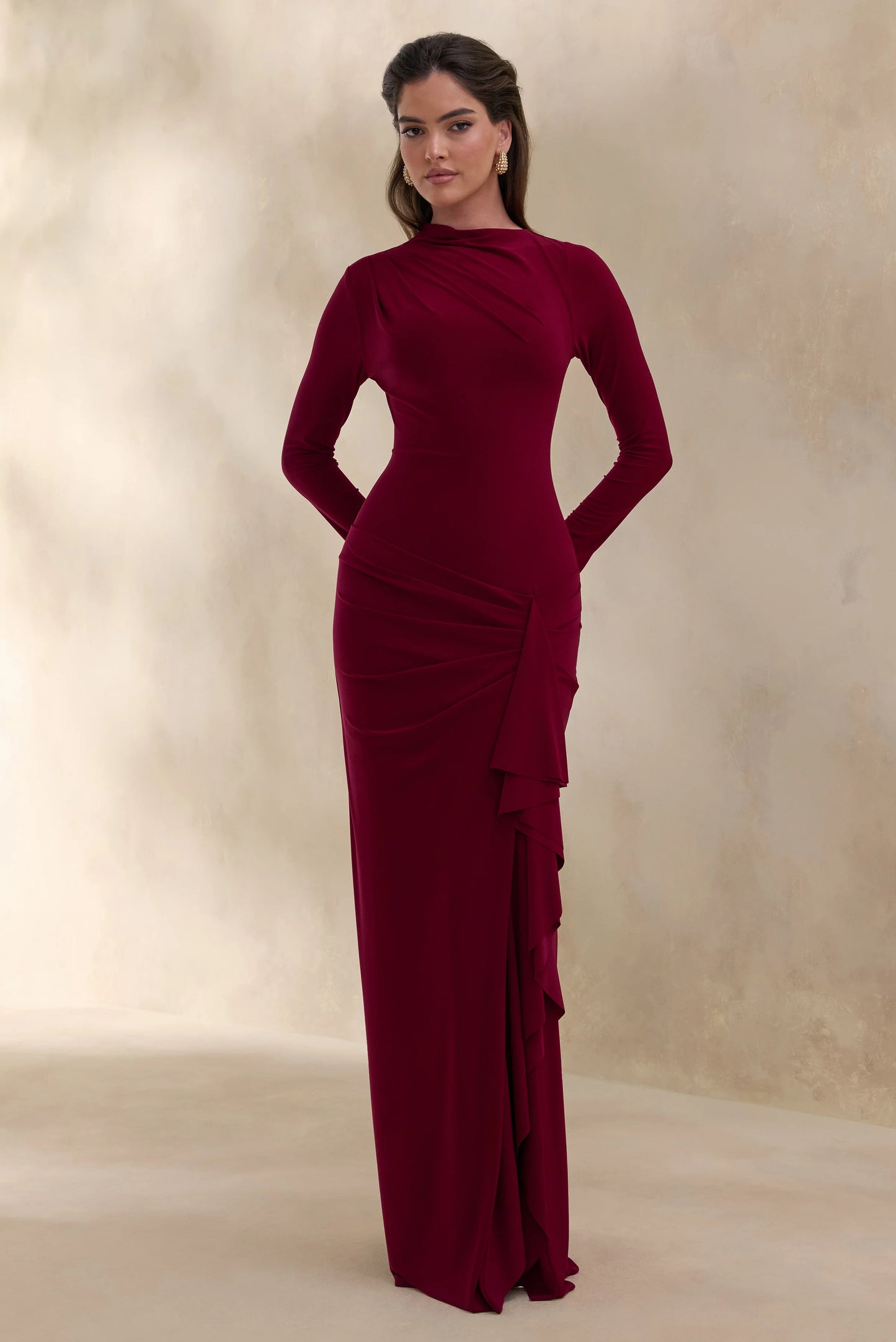 Karessa Berry High-Neck Maxi Dress With Gathered Detailing And Front-High Split