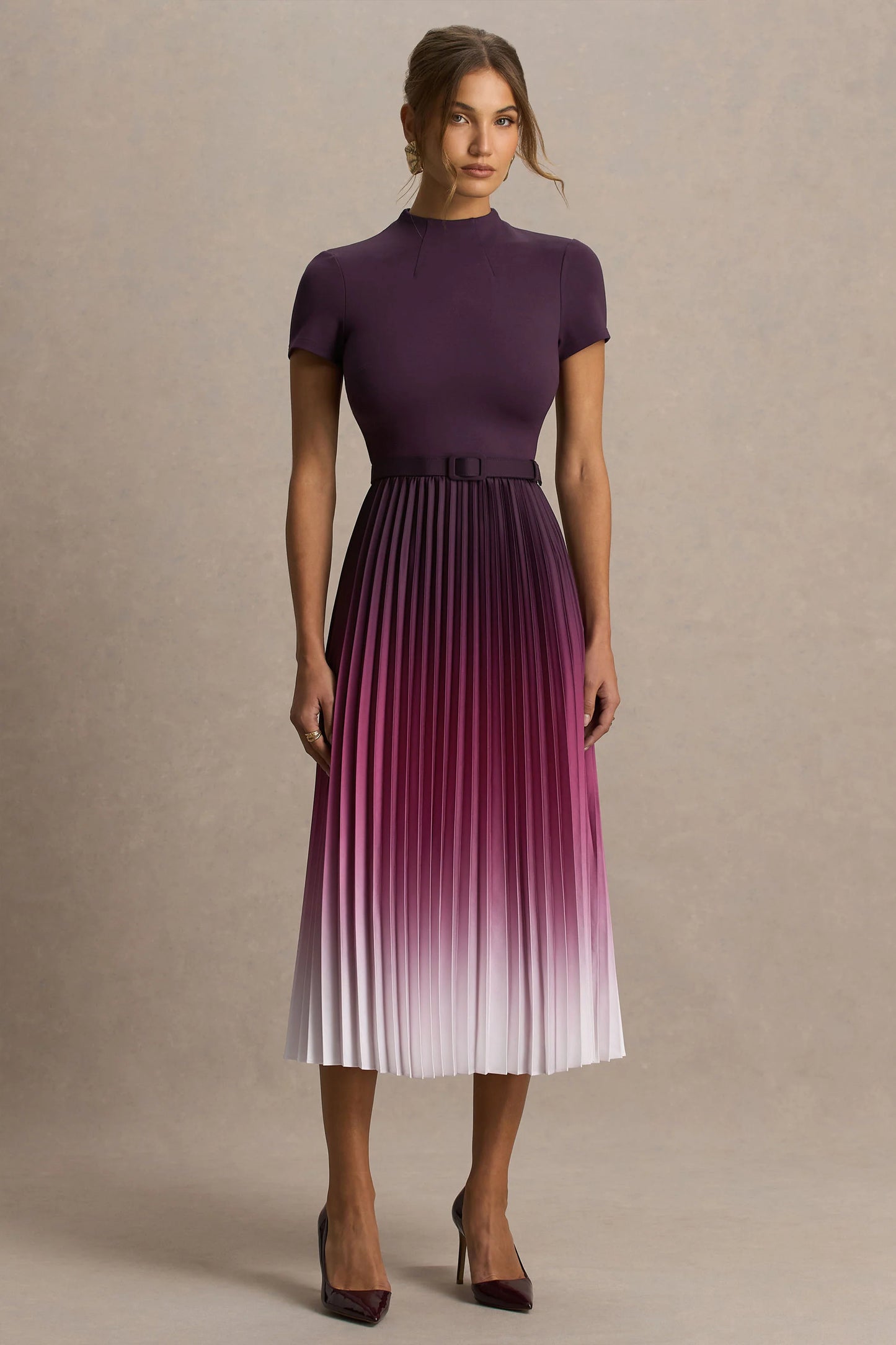 Libby Burgundy Ombre Woven High-Neck Midi Dress With Pleated Detailing